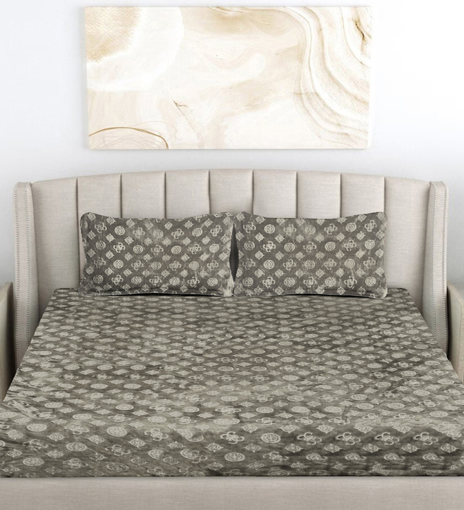 Buy Beige Geometric 300 TC Woollen Woollen Flat Double Bedsheet with 2