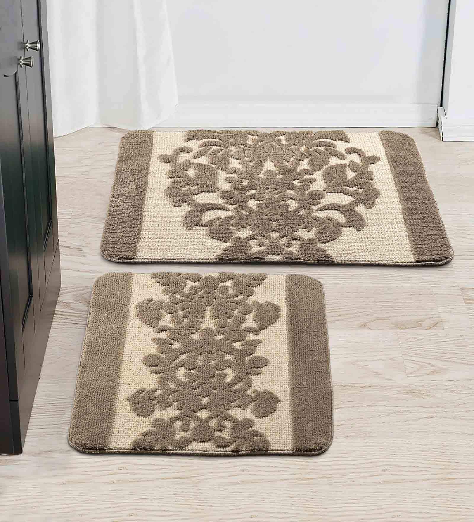 Beige Traditional Microfibre 19x27 Inches AntiSkid (Set of 2) Bath Mats
