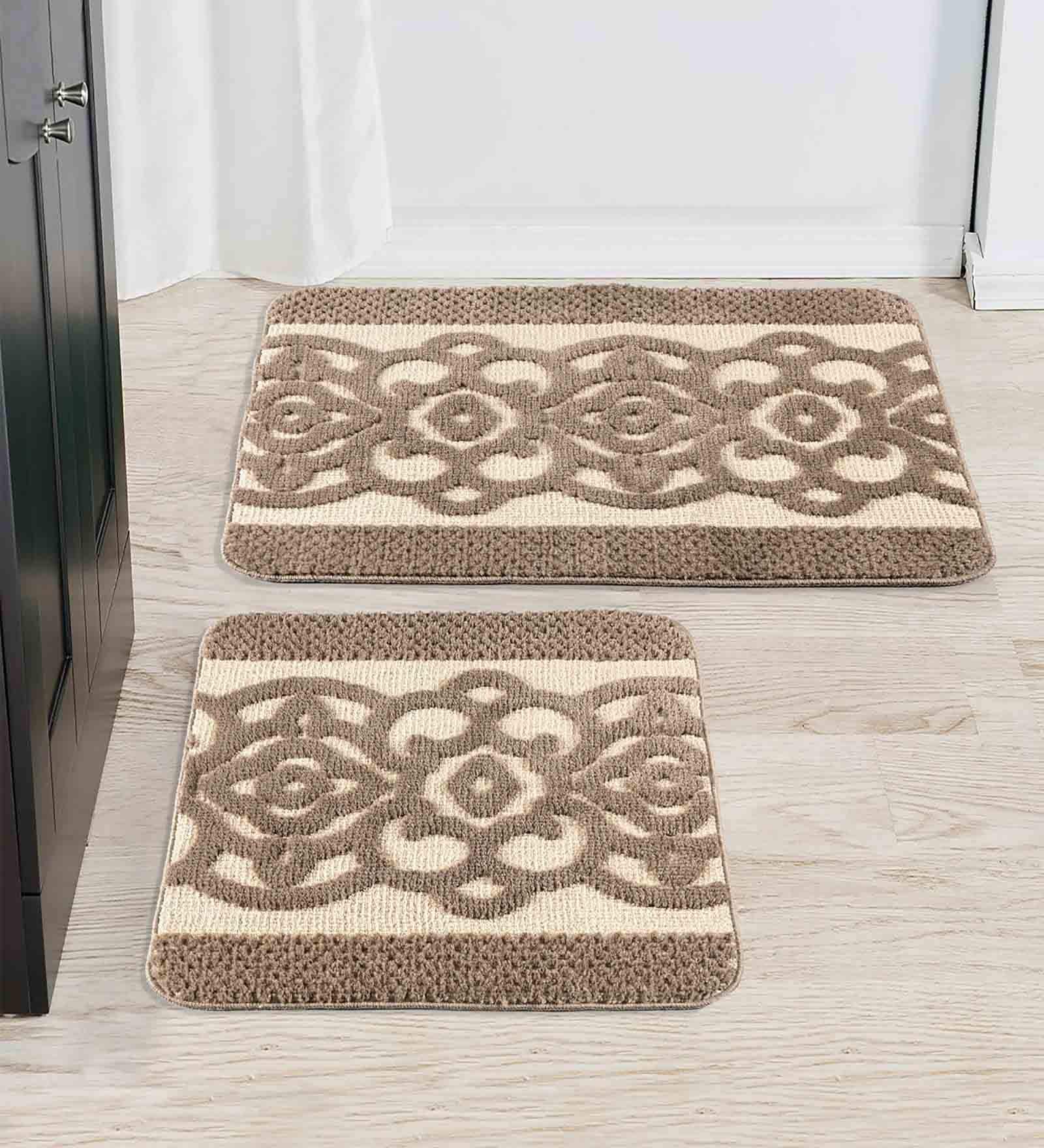Beige Traditional Microfibre 19x27 Inches AntiSkid (Set of 2) Bath Mats
