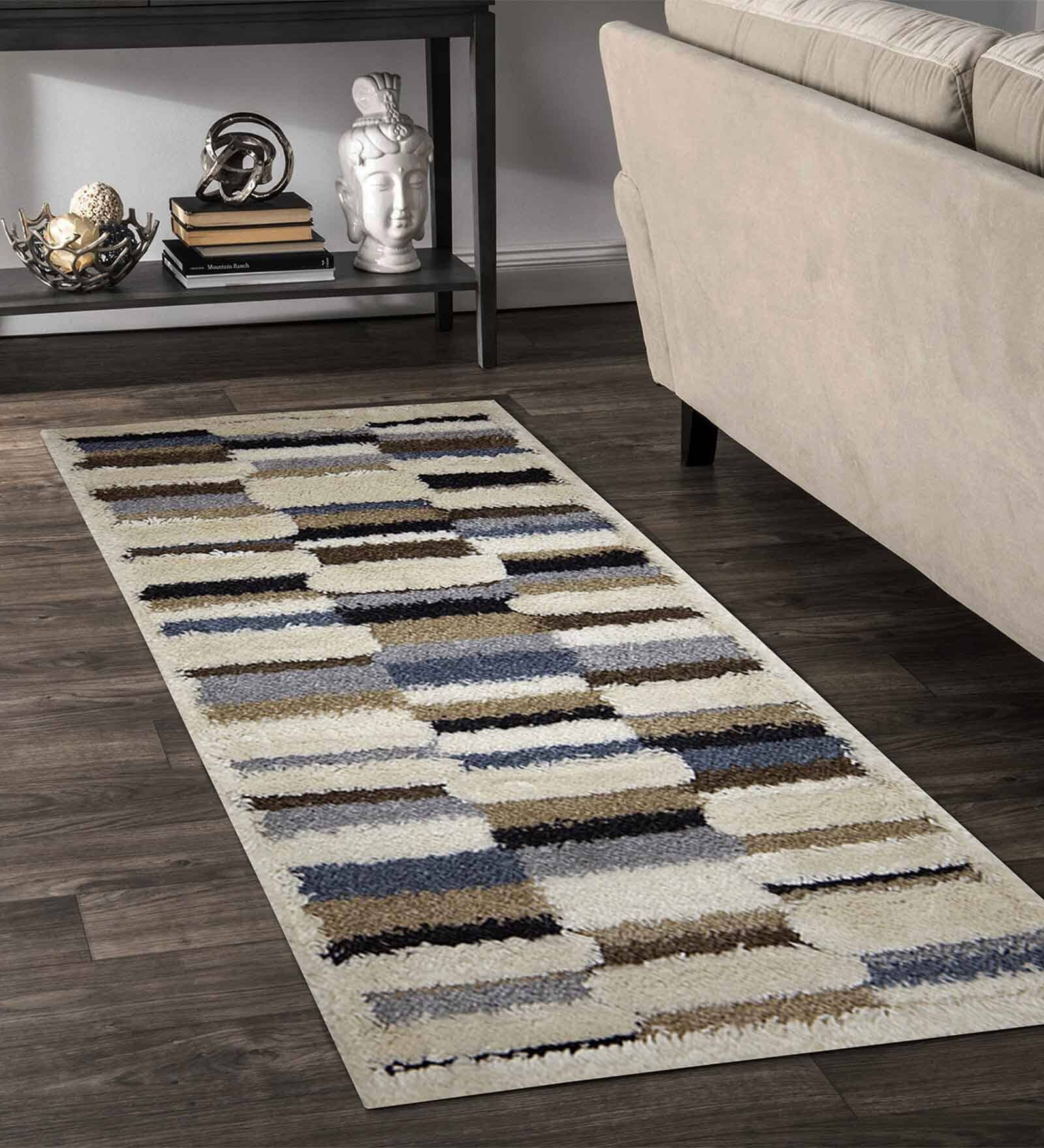 Beige Geometric Polyester 59x24 Inches Machine Made Floor Runner