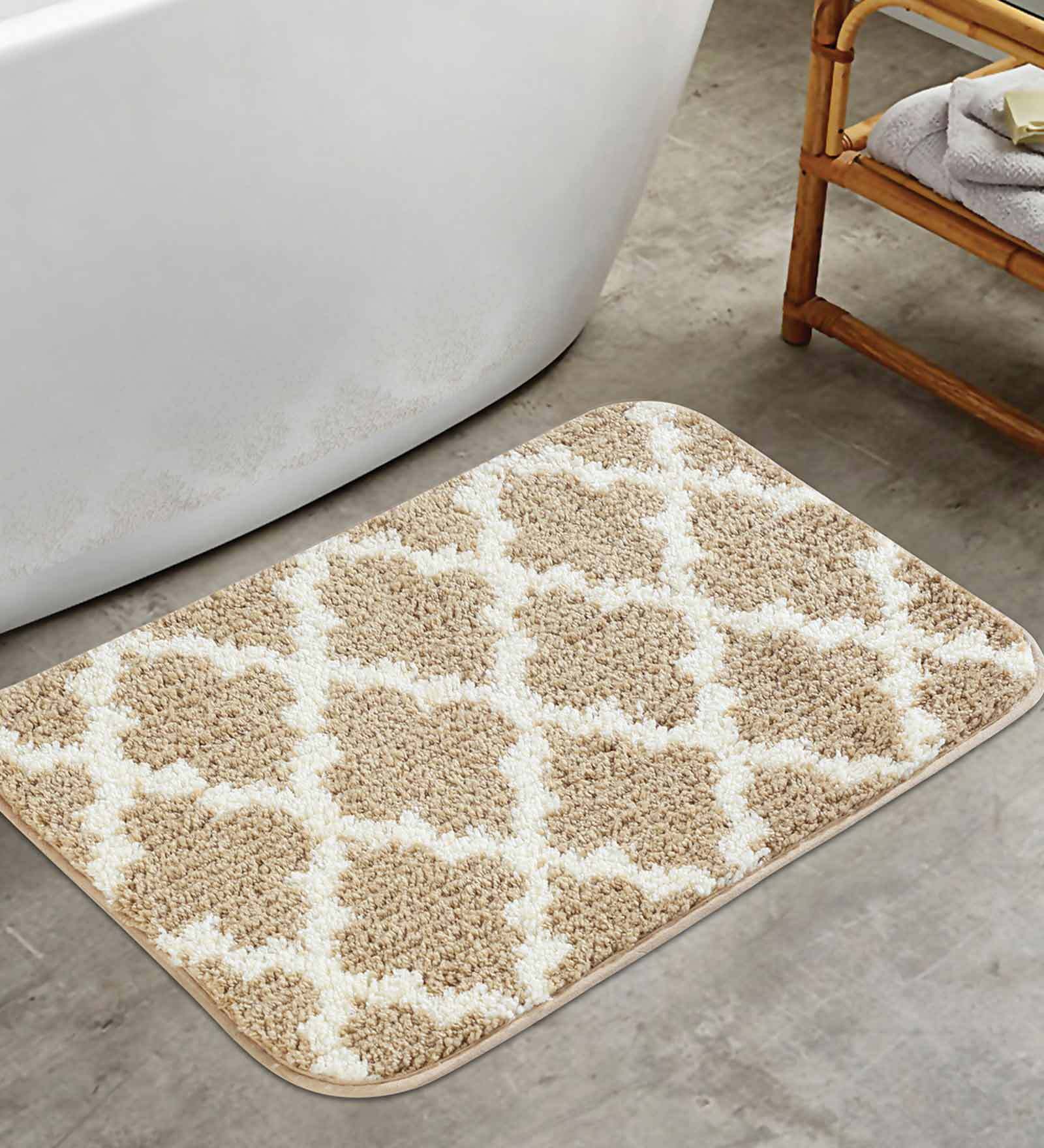 Beige Trellis Traditional Polyester 24x16 Inches AntiSkid Bath Mat