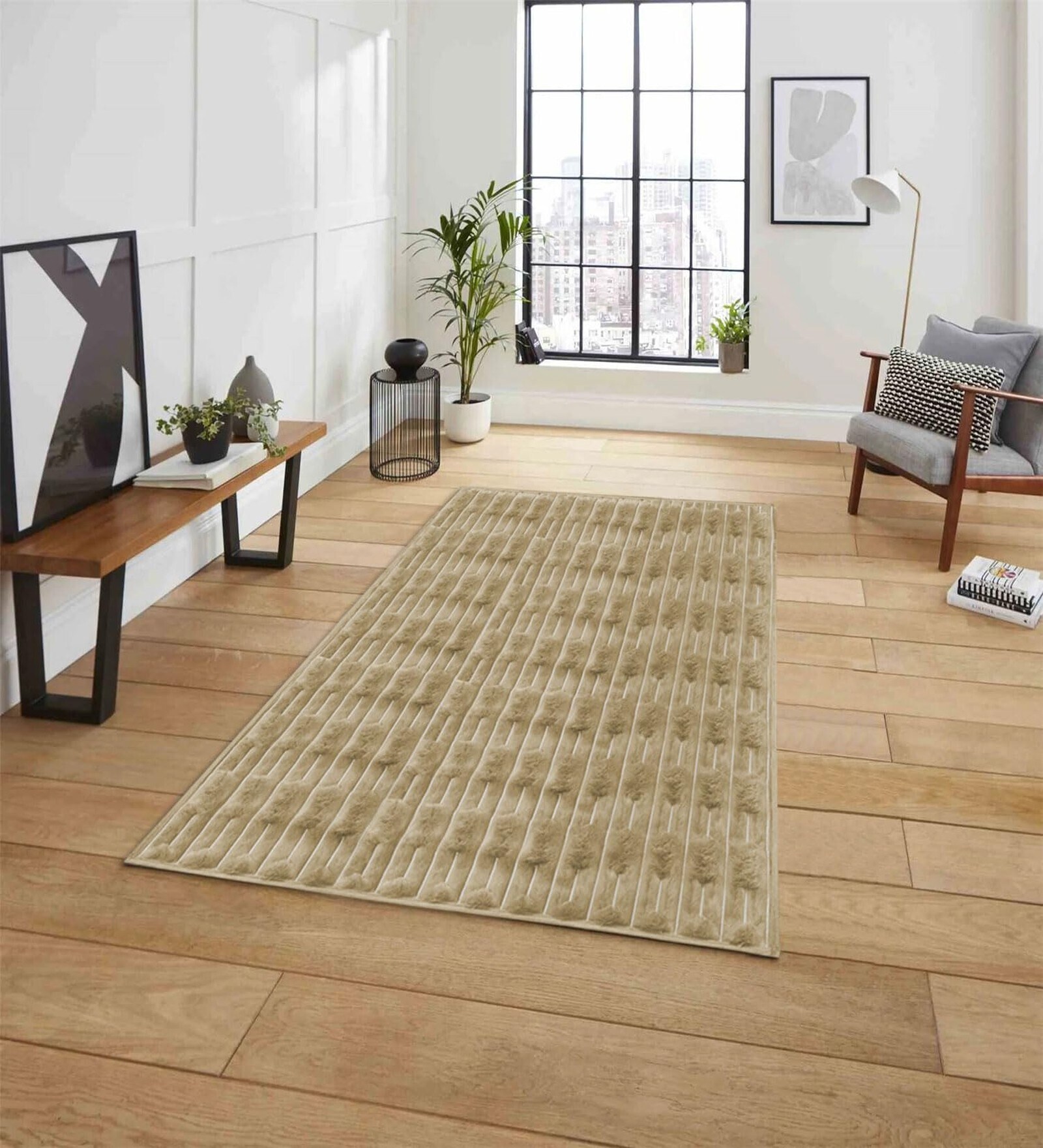 Beige Geometric Polyester Blend 3 X 5 Feet Rabbit Fur Machine Made Carpet