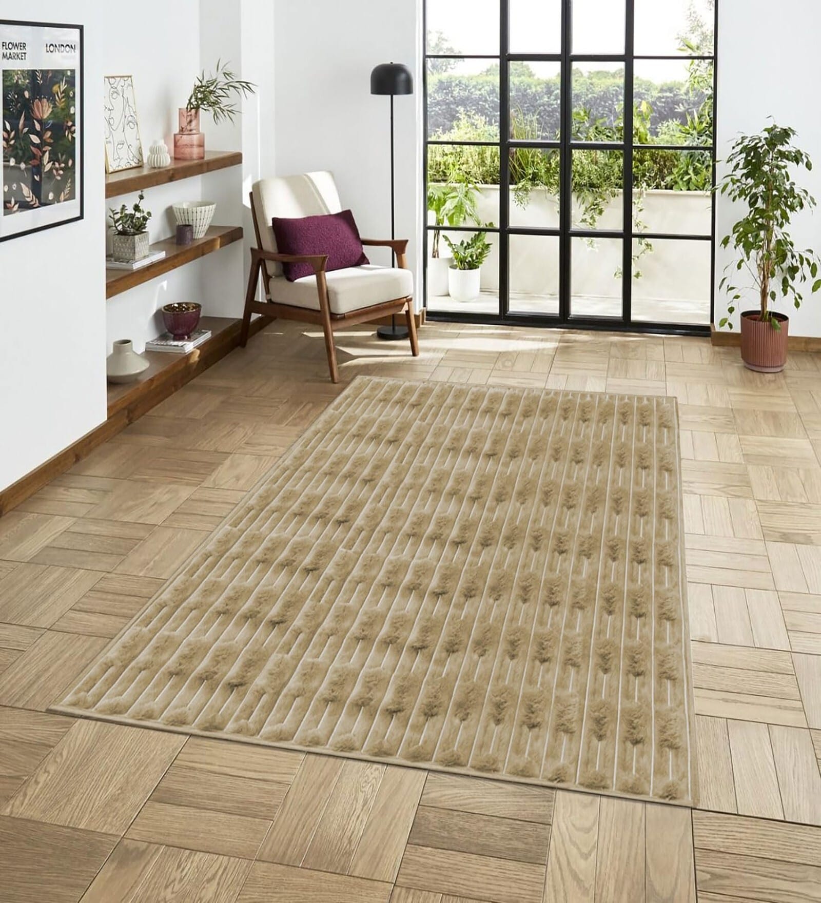 Beige Geometric Polyester Blend 4 X 6 Feet Machine Made Carpet