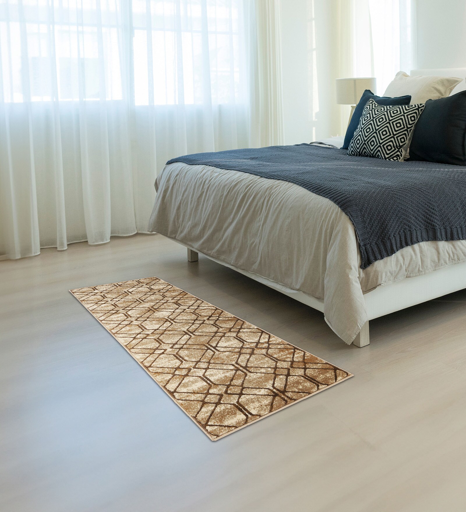 Beige Geometric Polypropylene 2 x 5 Feet Machine Made Runner