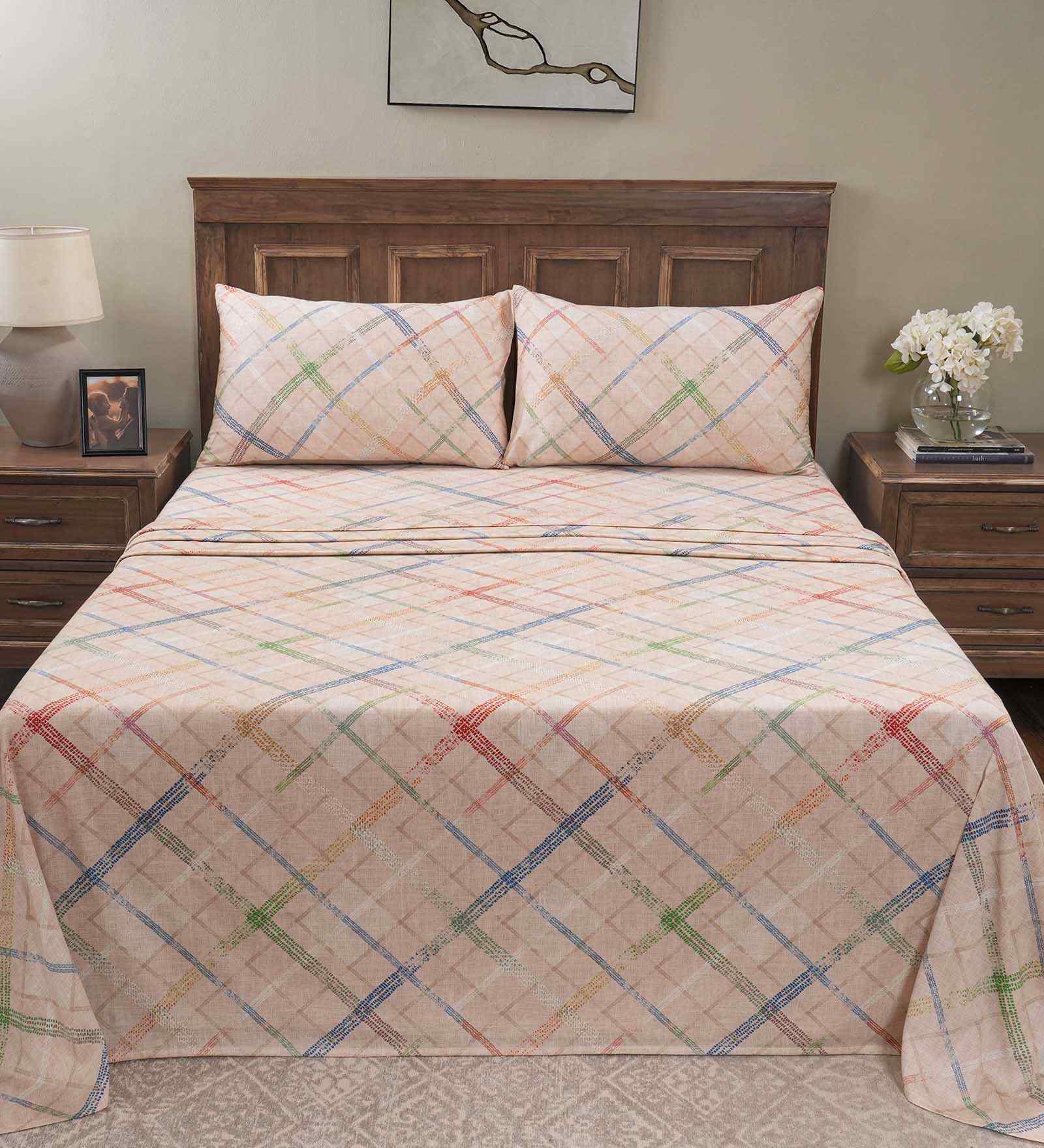 Beige Geometric Print 200 TC Cotton Double Bed Sheet with 2 Pillow Covers Eclectic Geo Collection