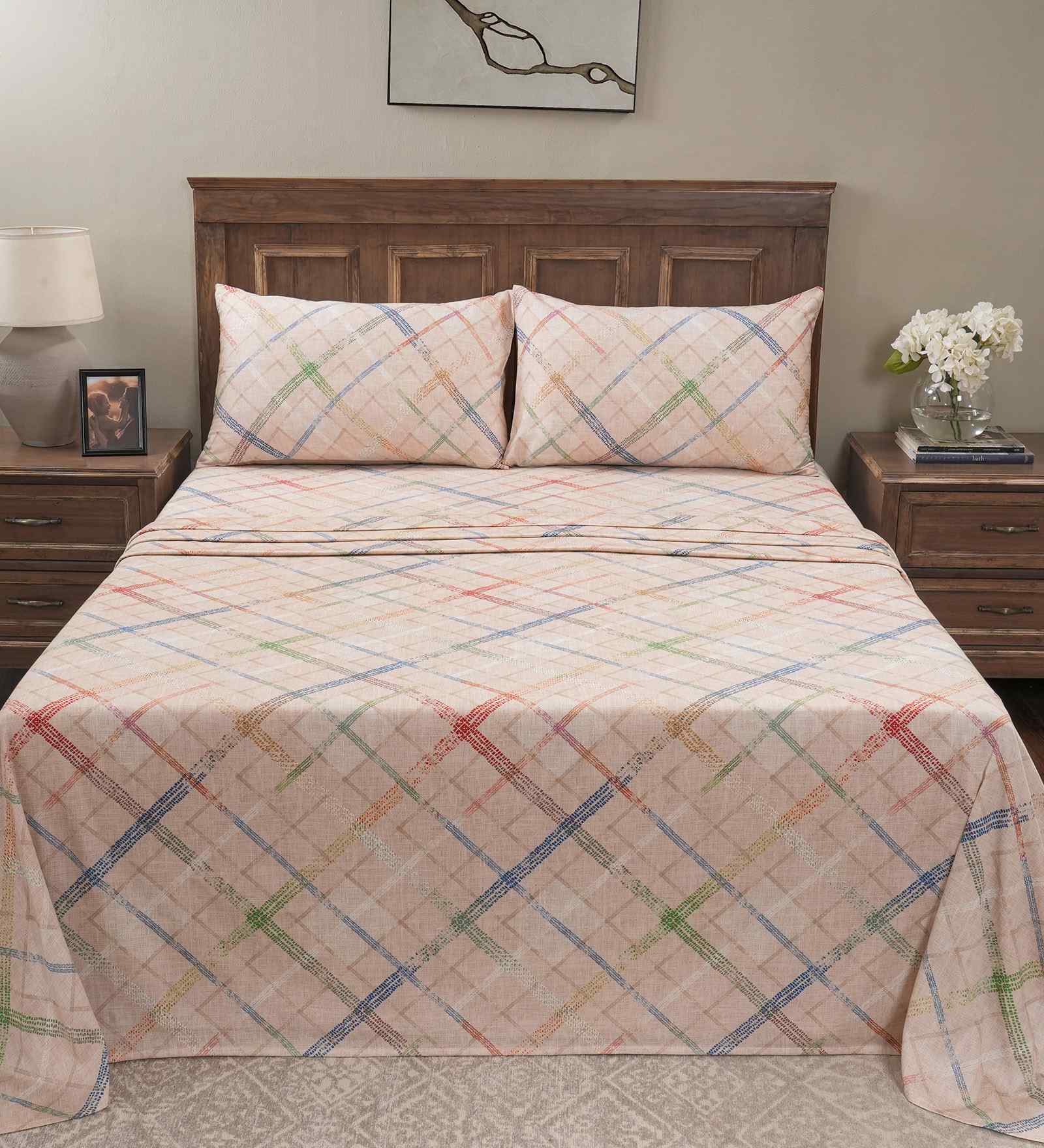 Beige Geometric Print 200 TC Cotton King Size Bed Sheet with 2 Pillow Covers Eclectic Geo Collection