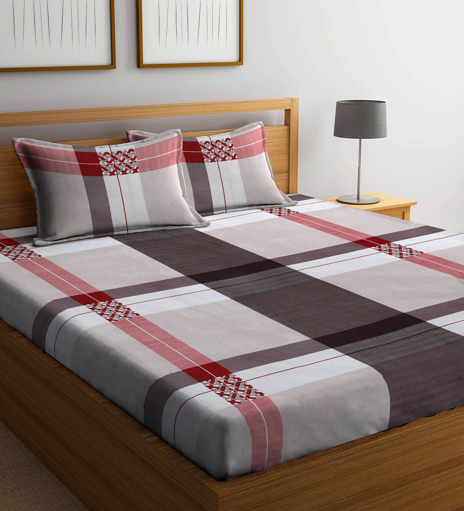 Buy Beige Checkered 300 TC Cotton Blend Queen Sized Bed Sheets with 2 ...