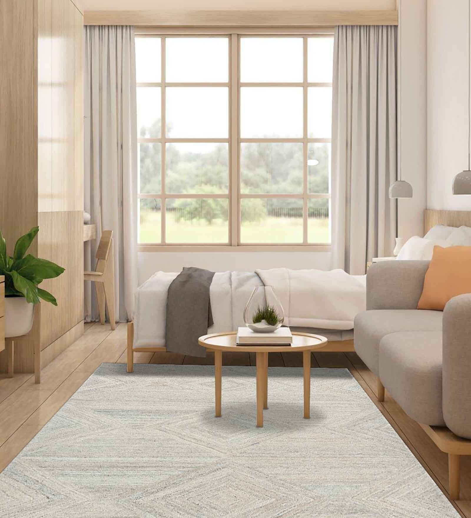 Beige Geometric Wool 5 ft x 7 ft Hand Tufted Carpet