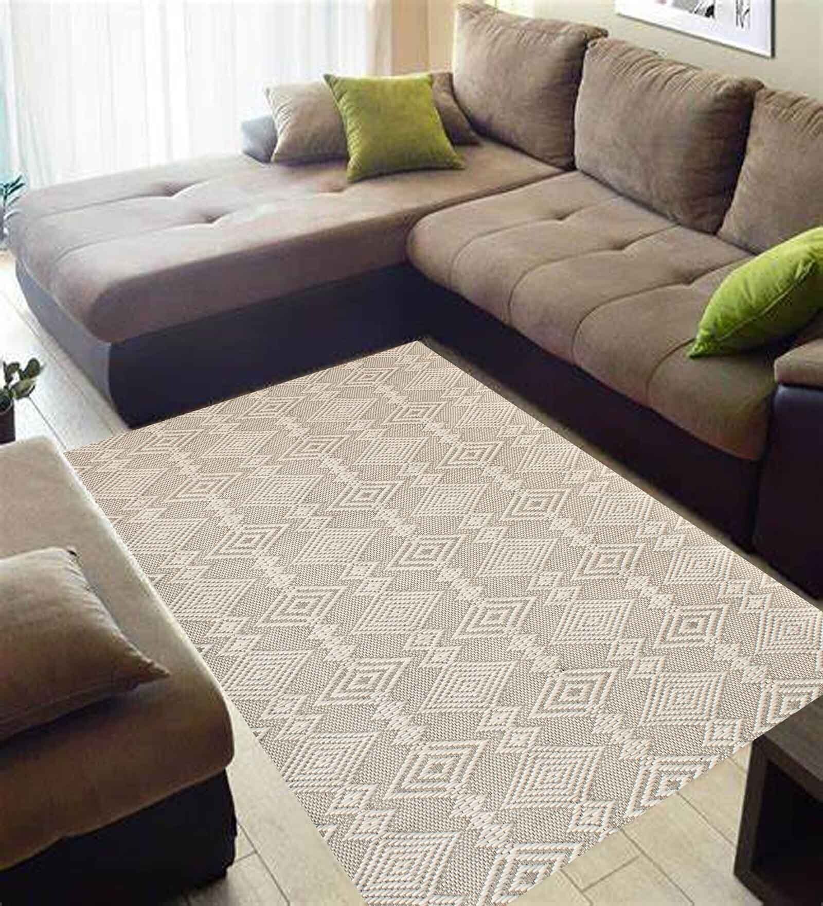 Beige Geometric Wool 5 x 7 Feet Hand Woven Carpet