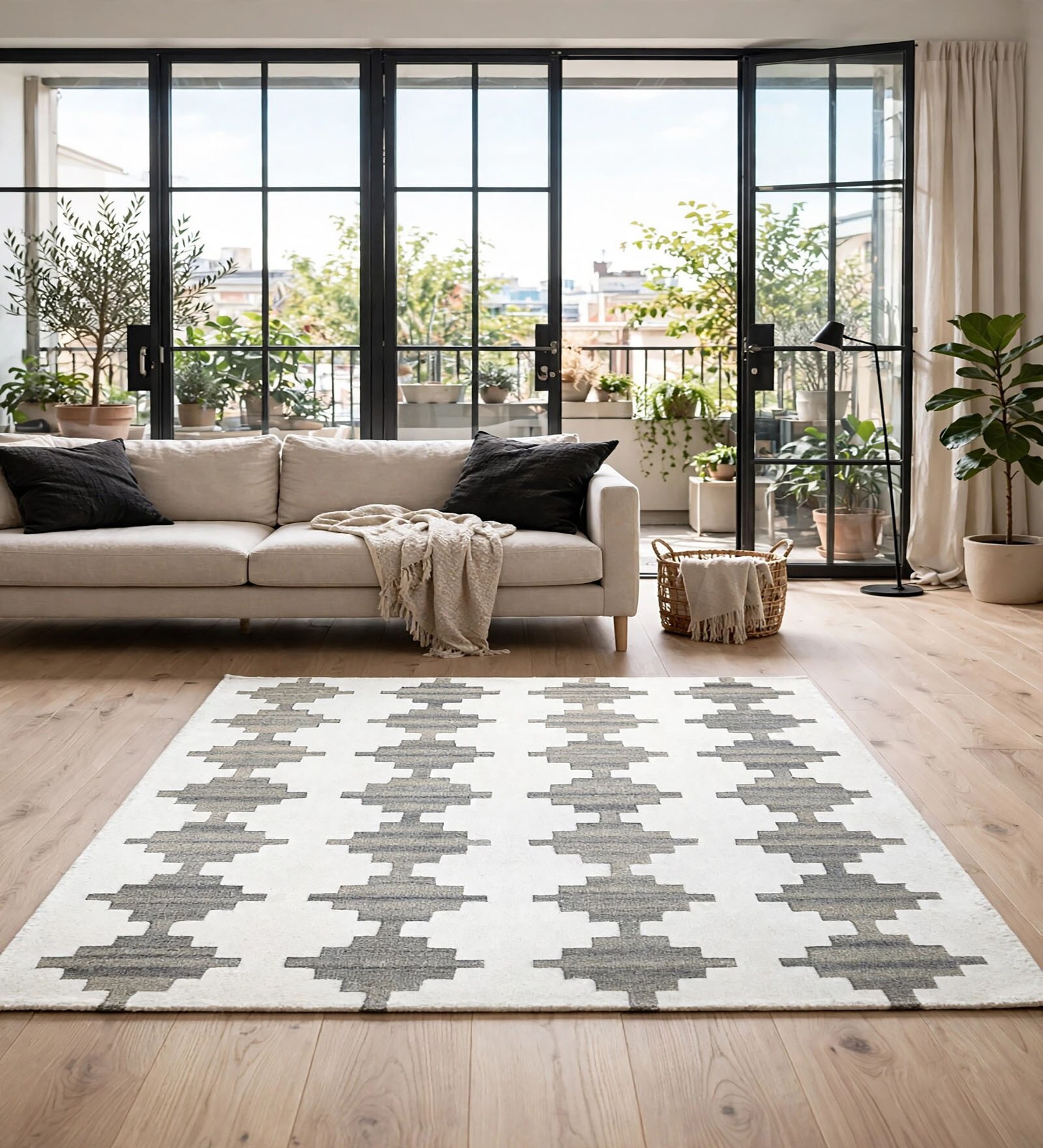 Beige Geometric Wool And Cotton 8 X 5 Feet Hand Tufted Carpet