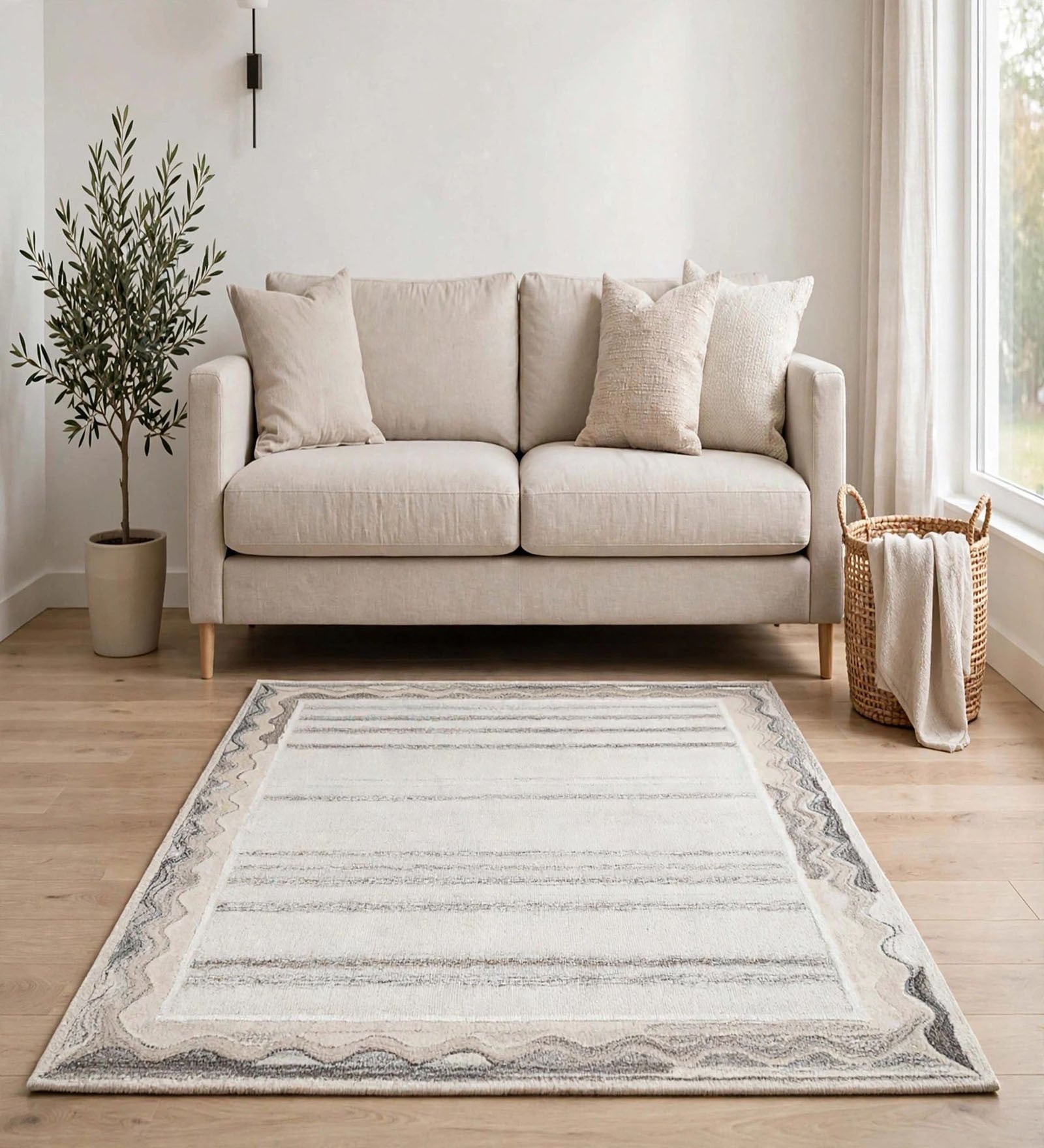 Beige Geometric Wool And Cotton 8 X 5 Feet Hand Tufted Carpet