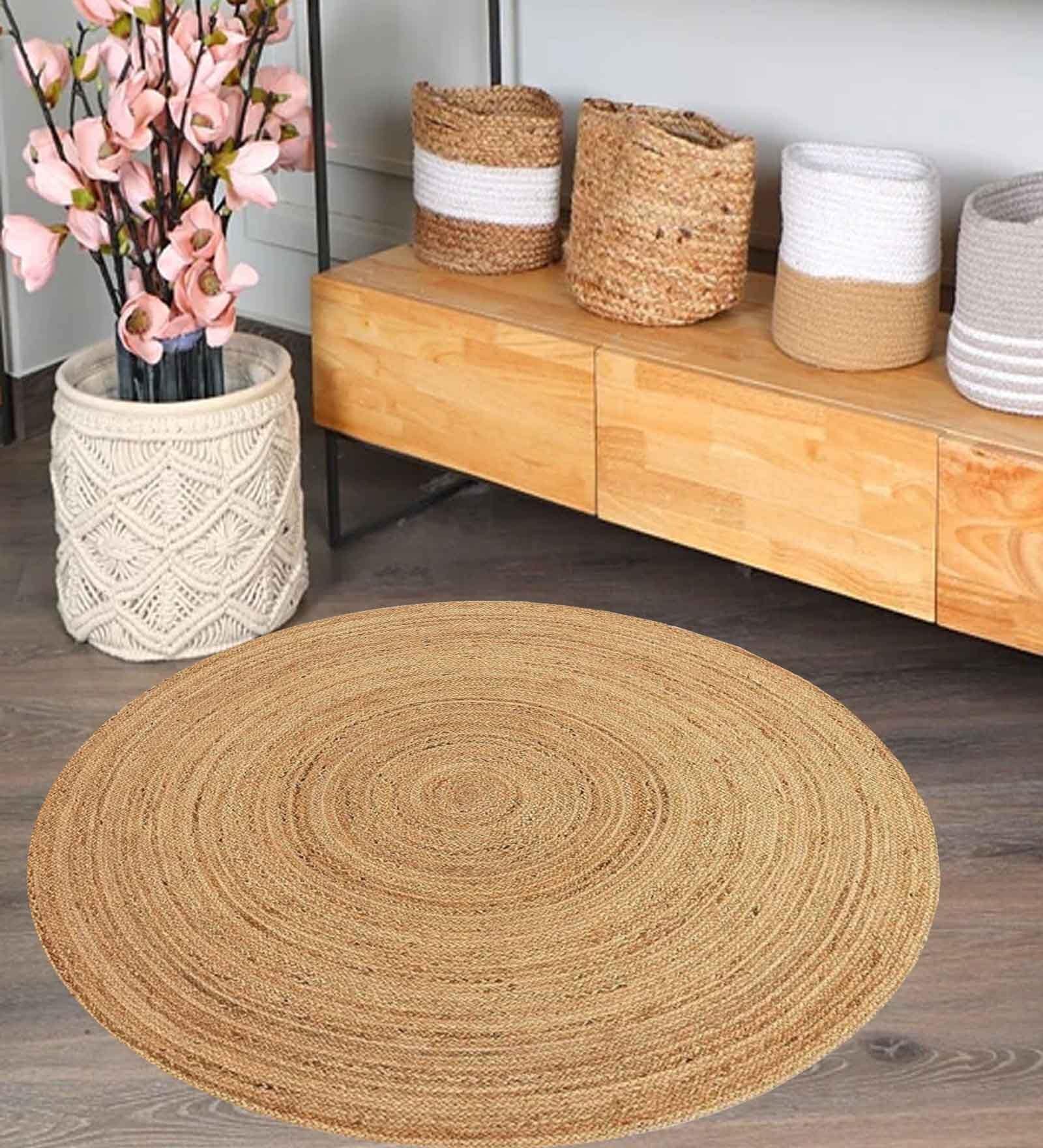 Beige Geometrical Jute 3 X 3 Feet Hand Woven Round Carpet