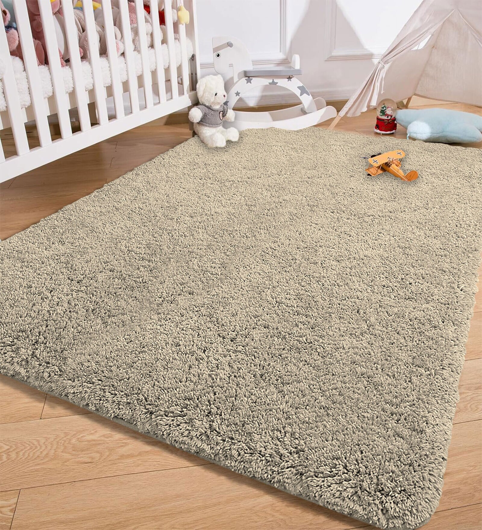Beige Solidal Microfiber 3 x 5 Feet Machine Made Carpet