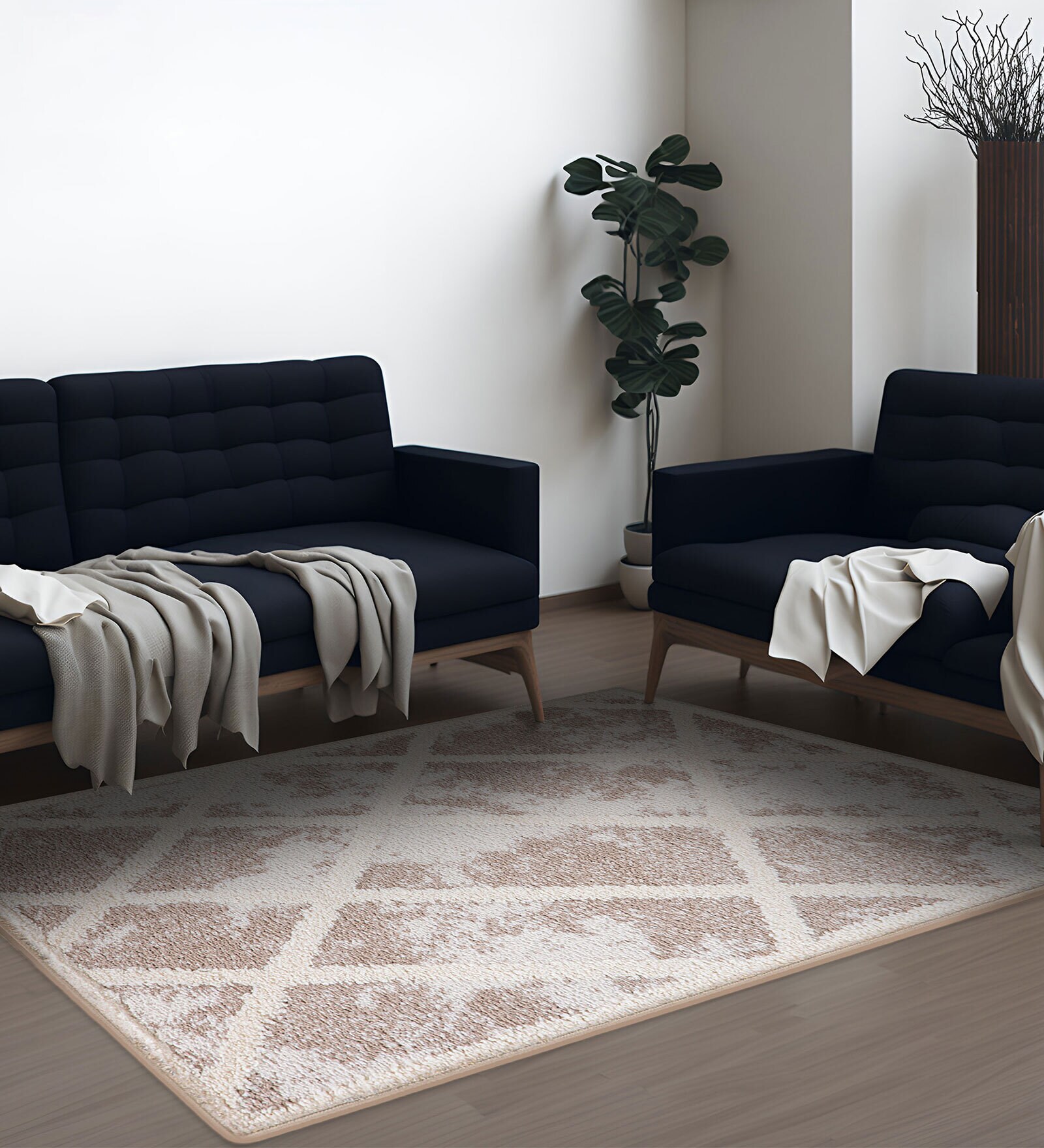Beige Geometric Polyester 4 ft X 6 ft Machine Made Carpet