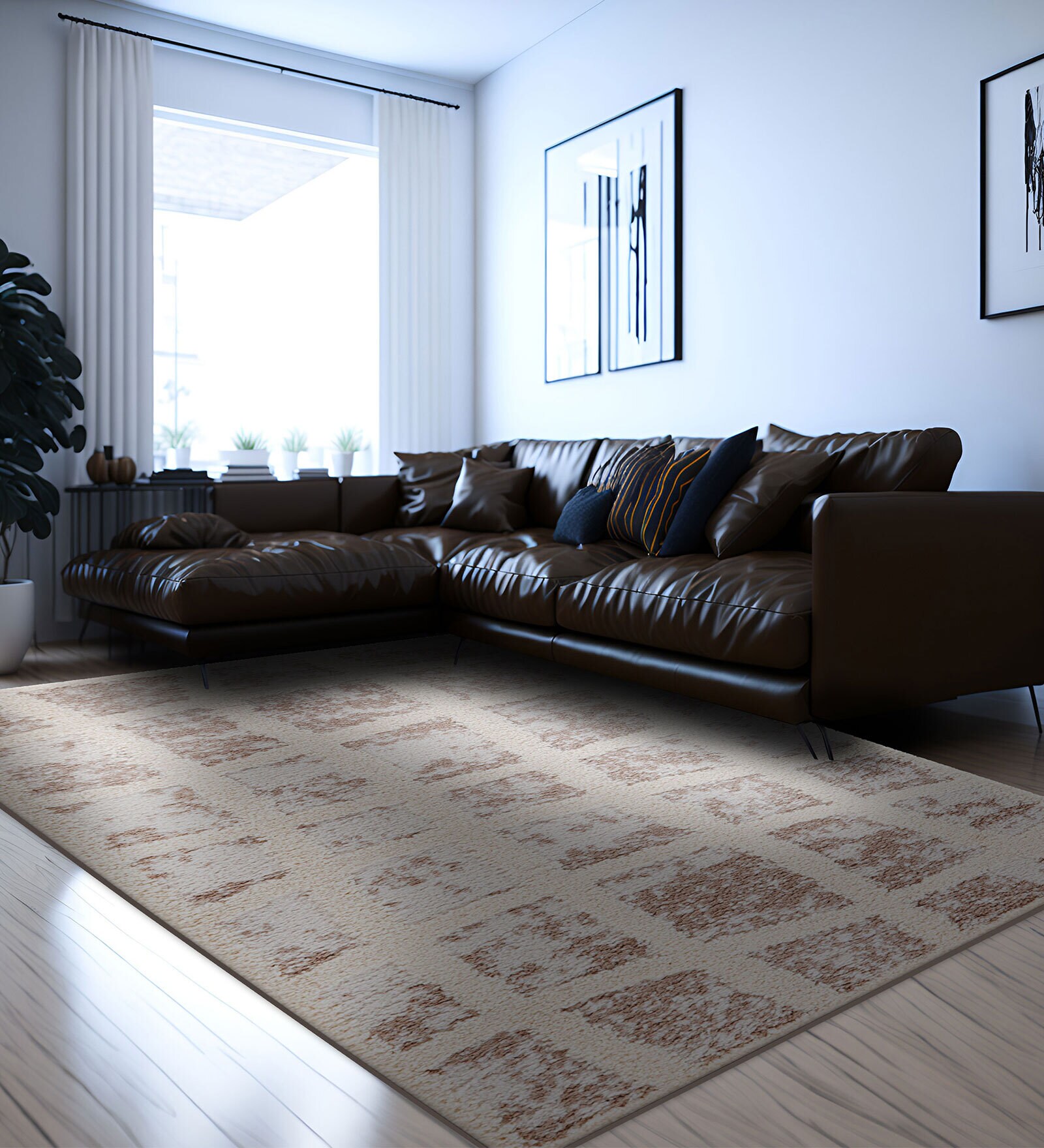 Beige Geometric Polyester 4 ft X 6 ft Machine Made Carpet