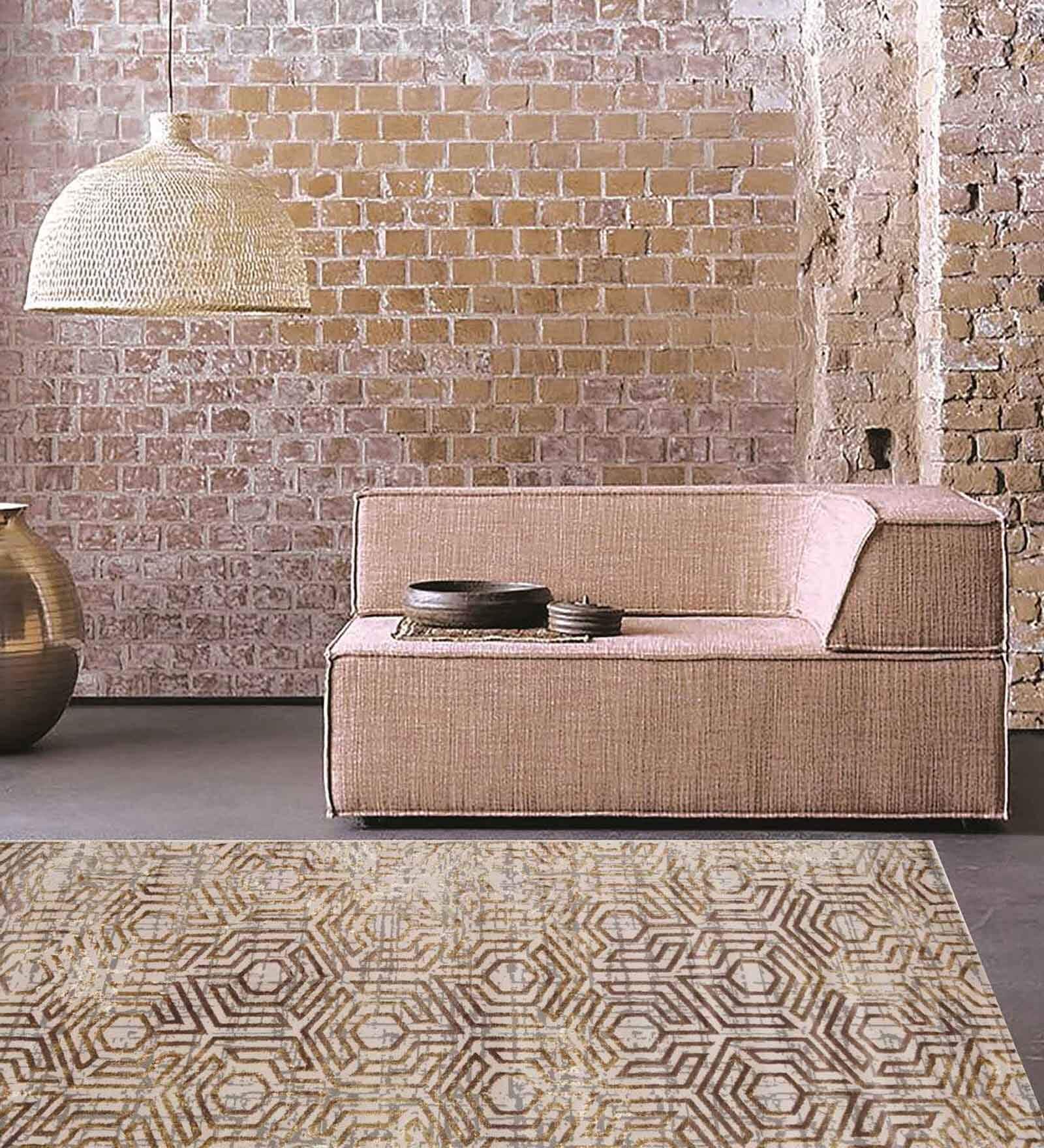 Beige Geometrical Polypropylene 5 ft x 7 ft Machine Made Carpet