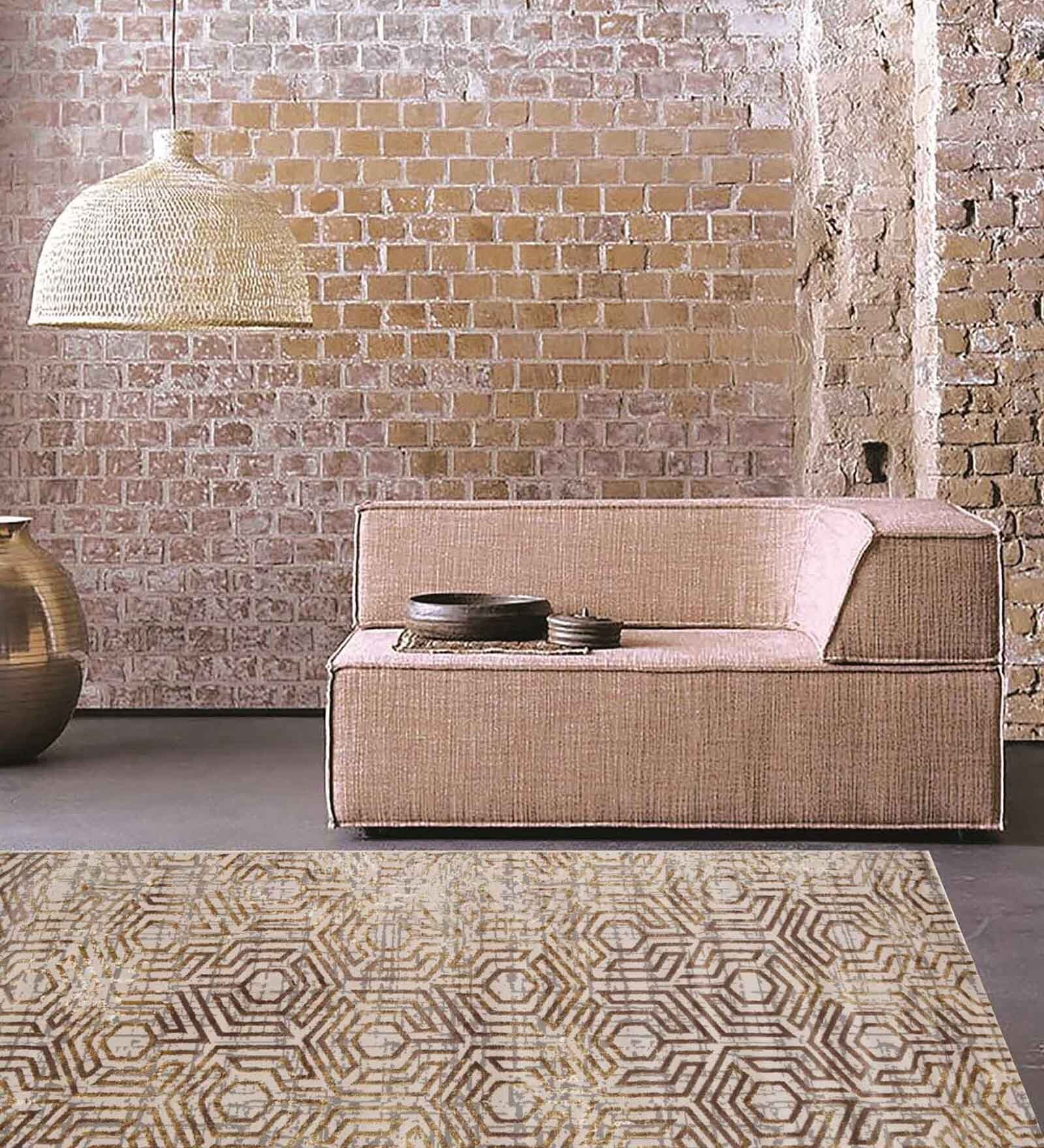 Beige Geometrical Polypropylene 6 ft x 9 ft Machine Made Carpet