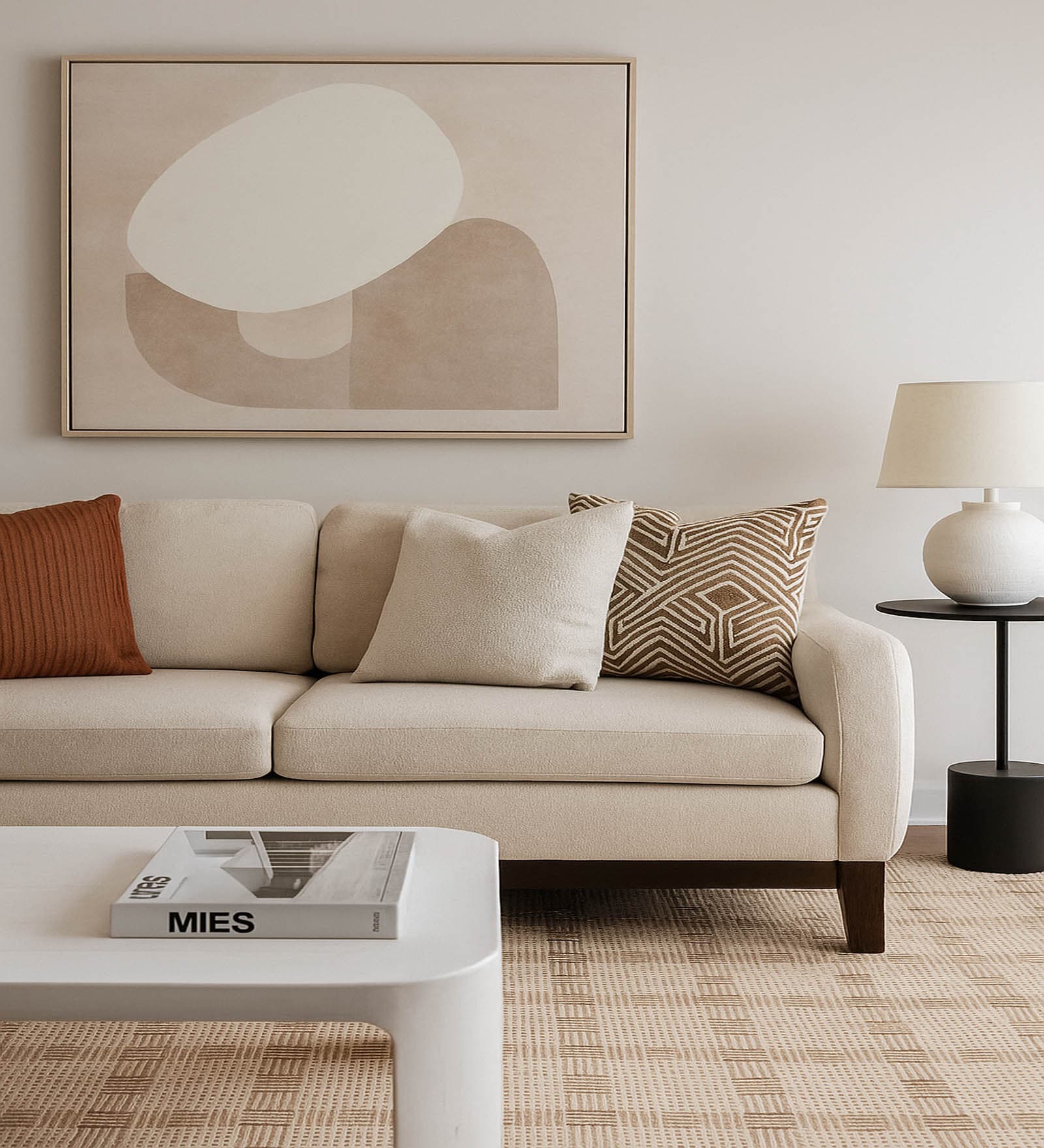 Beige Geometrical Wool And Flax And Cotton 8X5 Feet Hand Woven Carpet