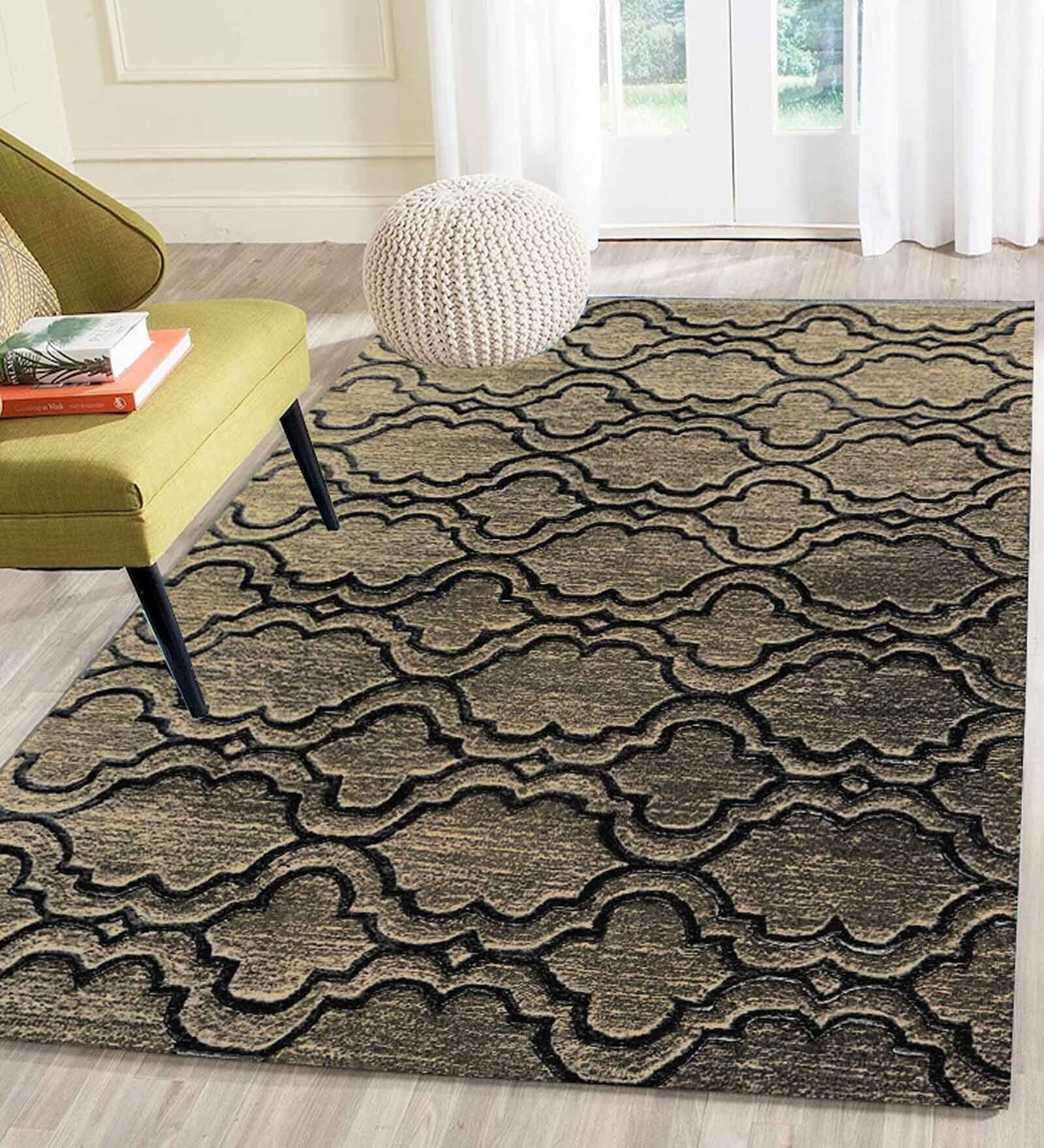 Beige Geometrical Wool 4 ft x 6 ft Hand Tufted Carpet