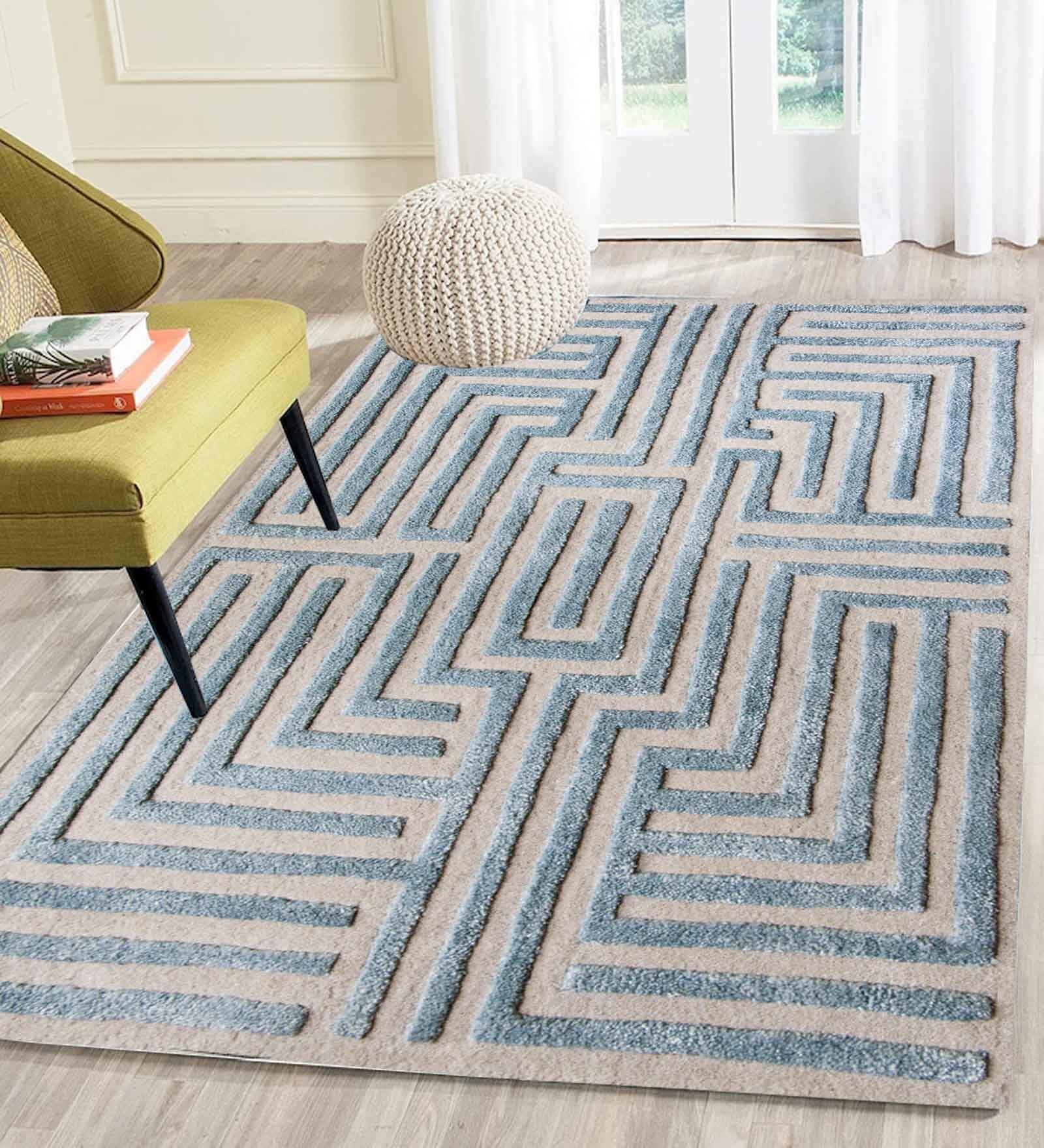 Beige Geometrical Wool 4 ft x 6 ft Hand Tufted Carpet