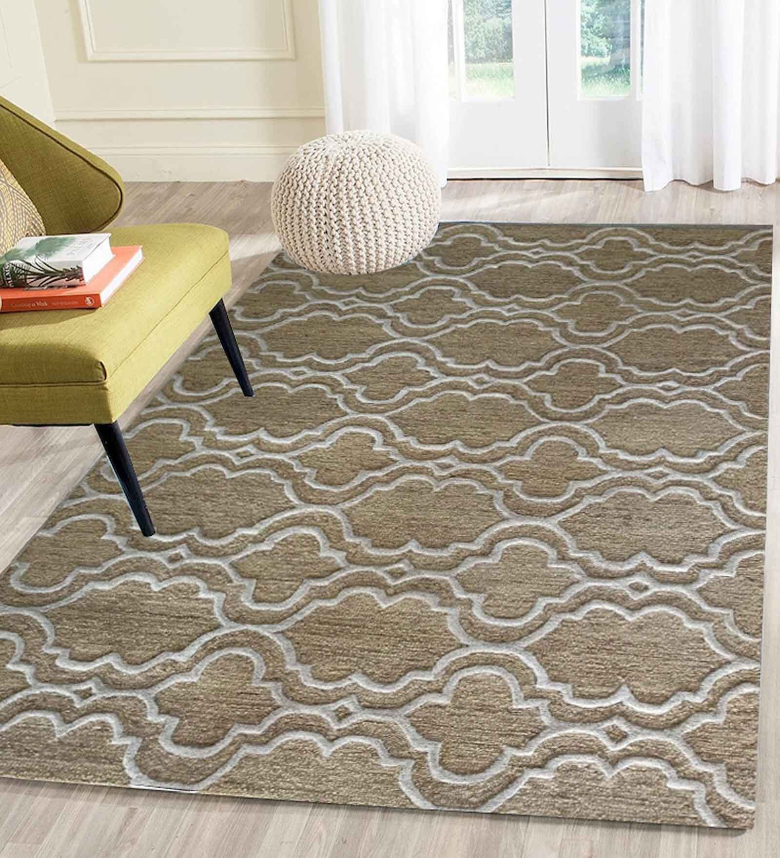 Beige Geometrical Wool 5 ft x 7 ft Hand Tufted Carpet
