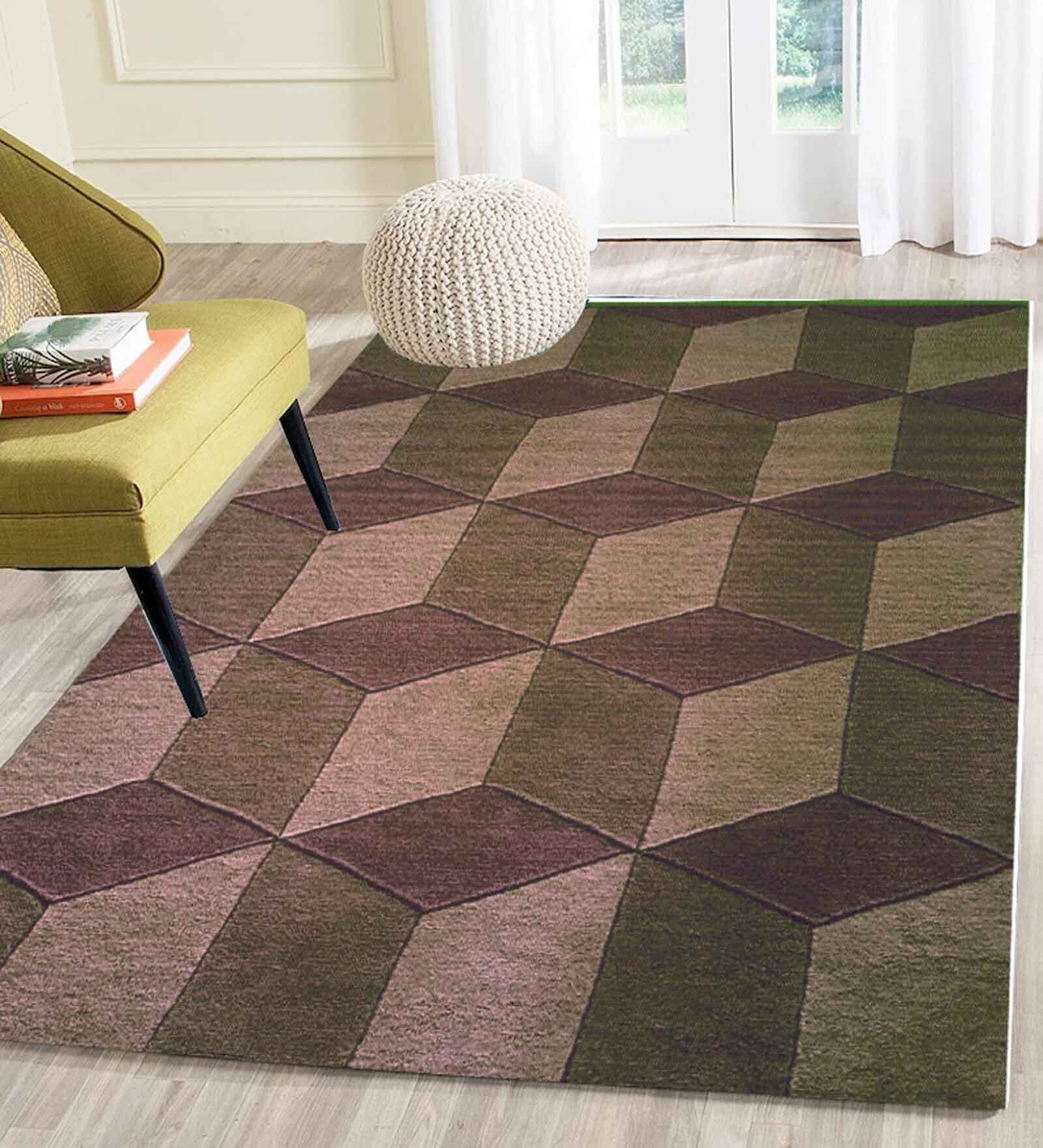 Beige Geometrical Wool 5 ft x 7 ft Hand Tufted Carpet