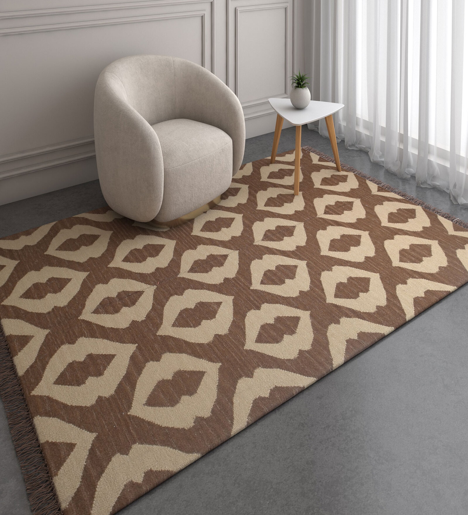 Beige Geometrical Wool 5 ft X 8 ft Flat Weaves