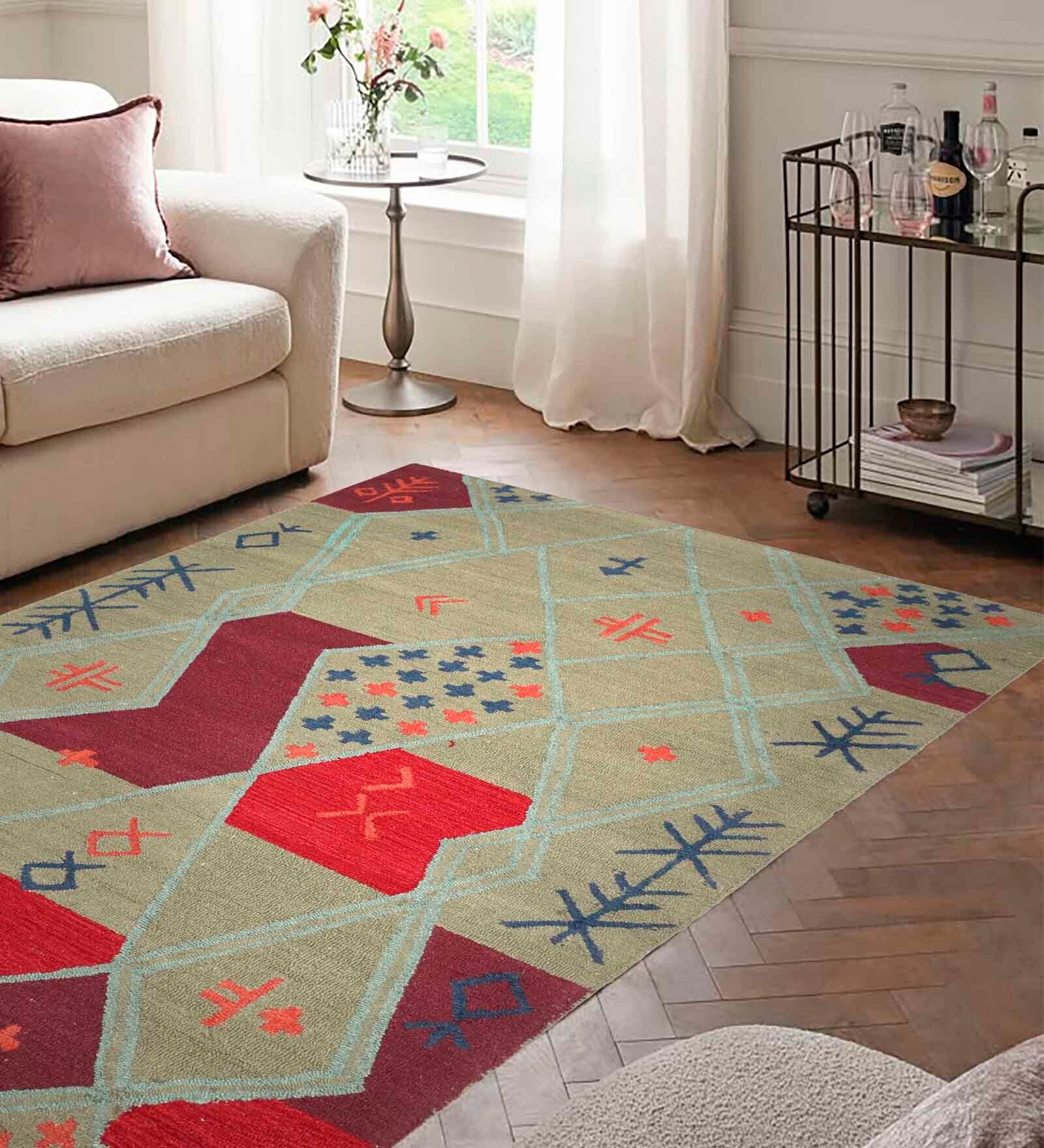 Multicolor Geometrical Wool and Cotton 5 x 8 Feet Hand tufted Carpet