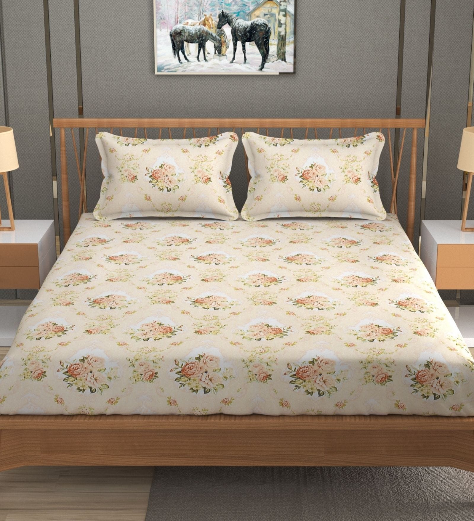 Beige Glace Cotton Floral Print Elastic Fitted King Bedsheet With 2 Pillow Covers