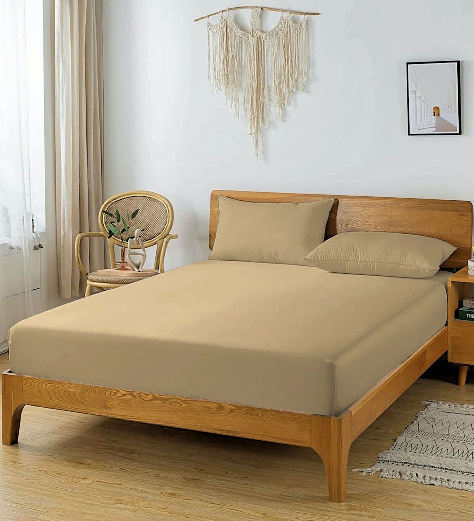 Beige Glace Cotton Solid Elastic Fitted King Bedsheet With 2 Pillow Covers