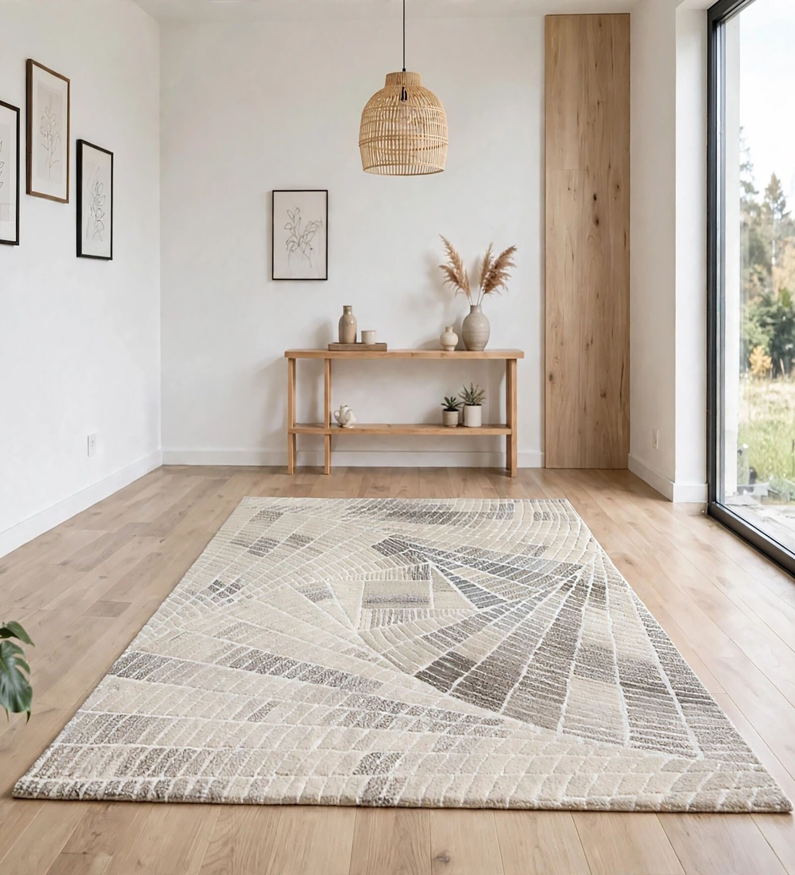 Beige Abstract Wool And Cotton 5 X 8 Ft Hand Tufted Carpet
