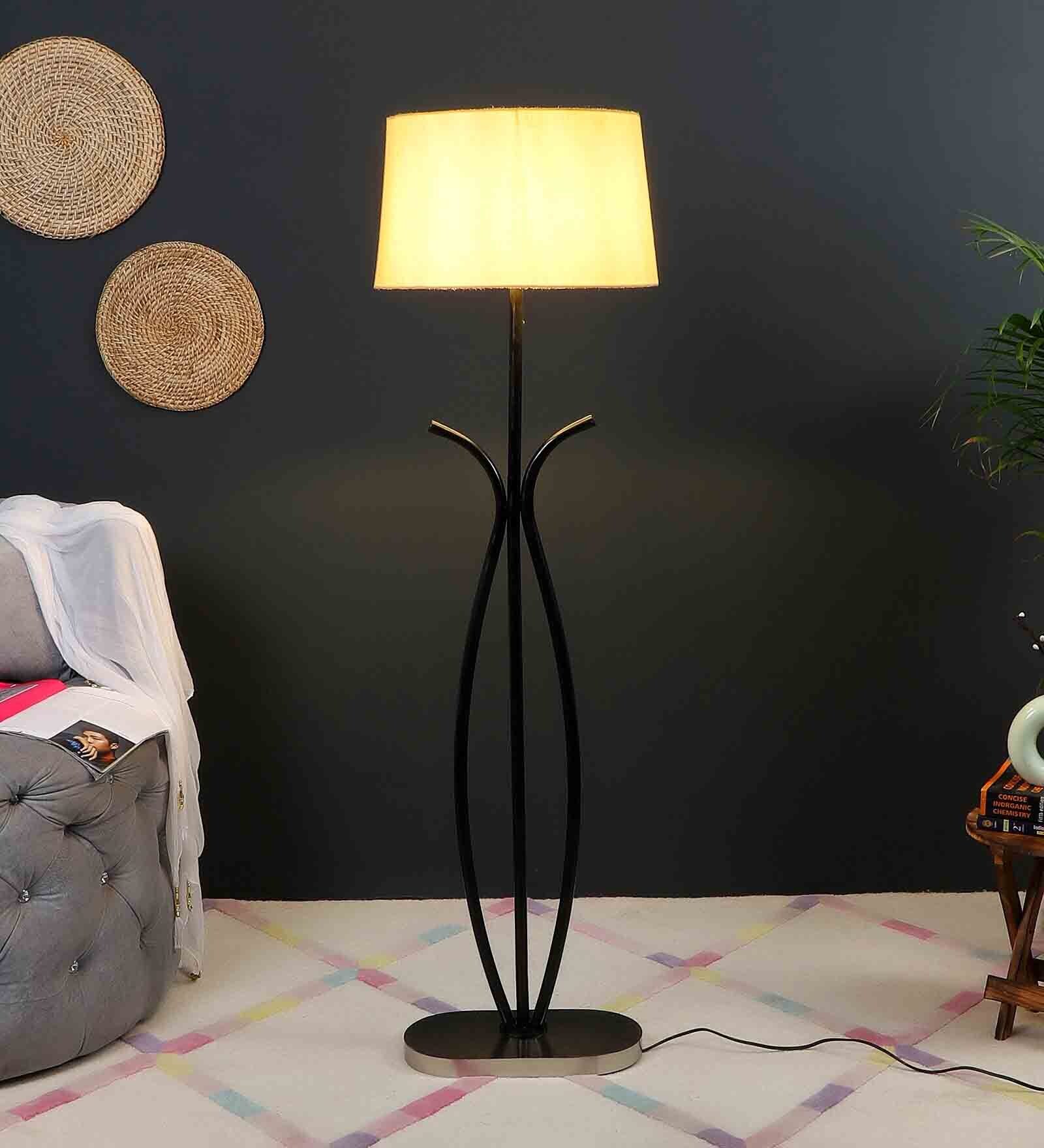 Beige Iron & Cloth Shade Club Floor Lamp With Iron Base