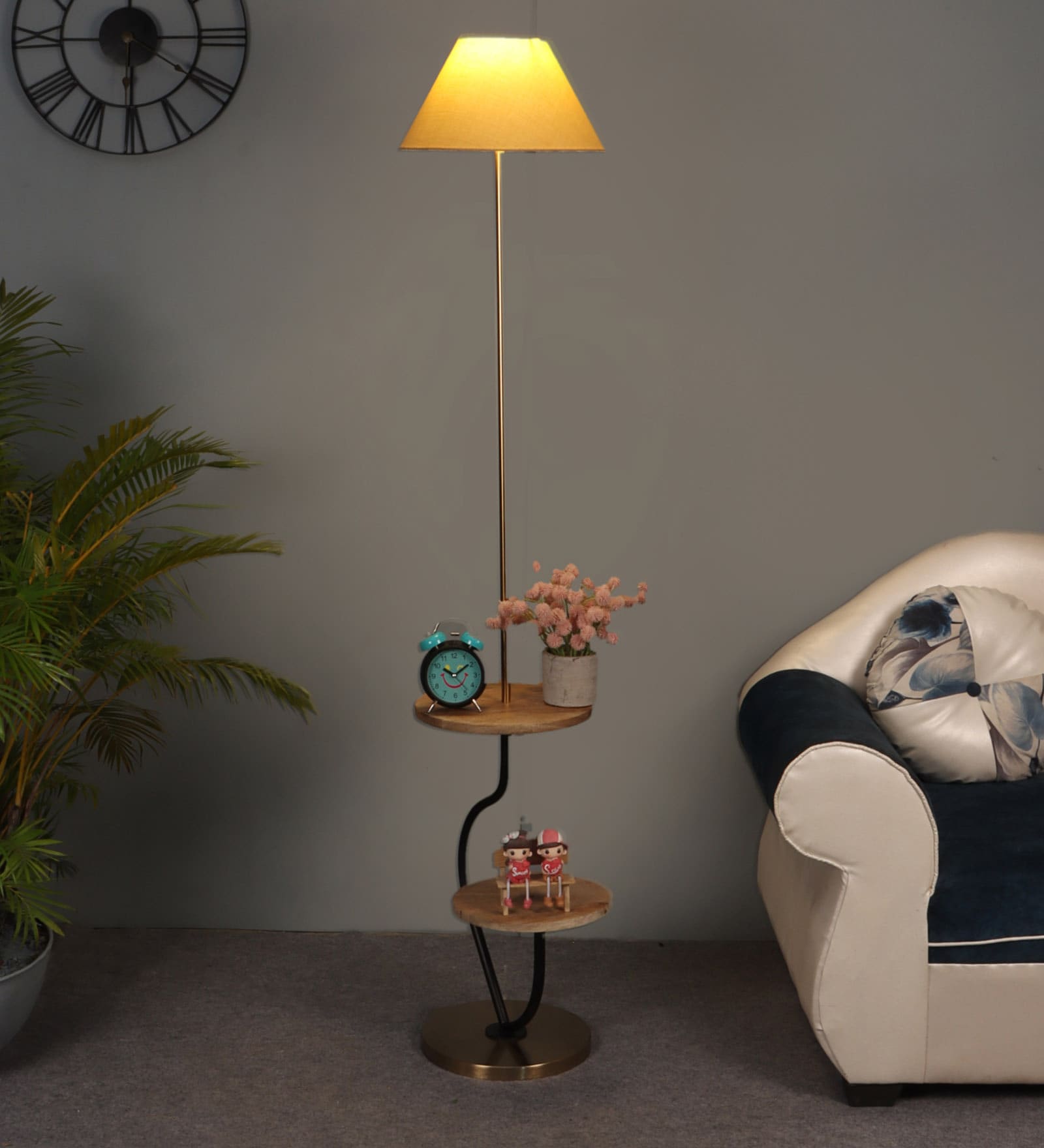 Lampost Beige Cloth Shade Shelf Floor Lamp With Wood & Iron Base