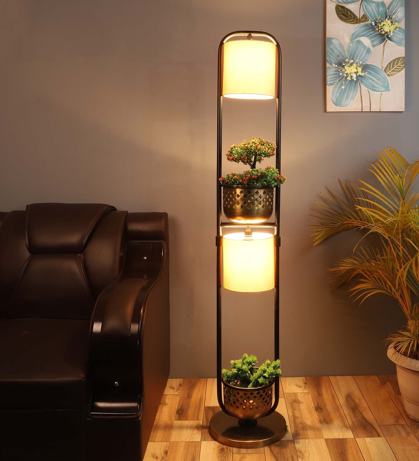 Noel Beige Metal and Fabric Shade Shelf Floor Lamp With Metal Base