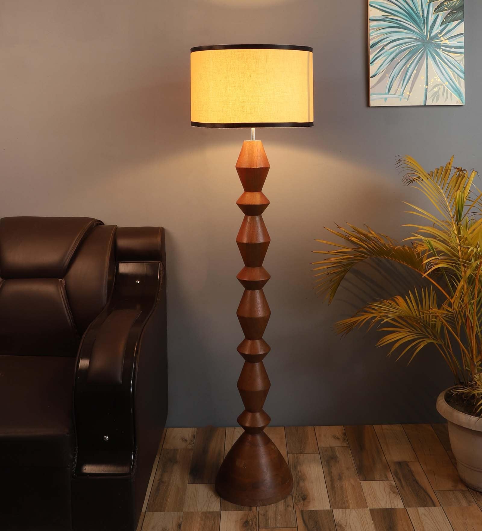 Beige Iron & Cloth Shade Floor Lamp with Brown Base