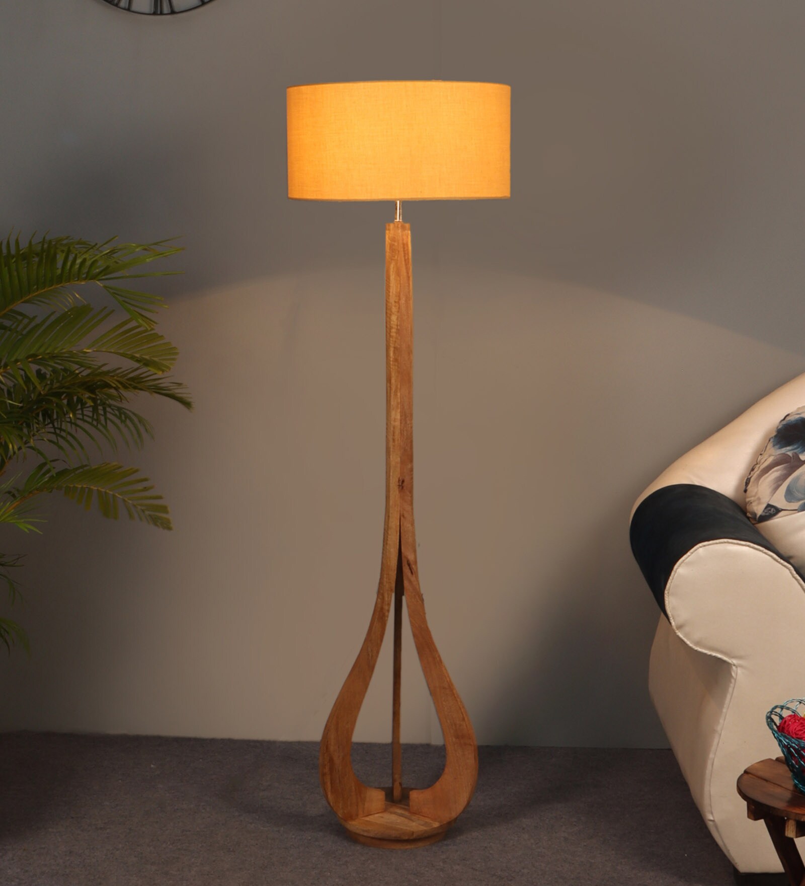 Beige Cloth Shade Club Floor Lamp With Mango wood Base