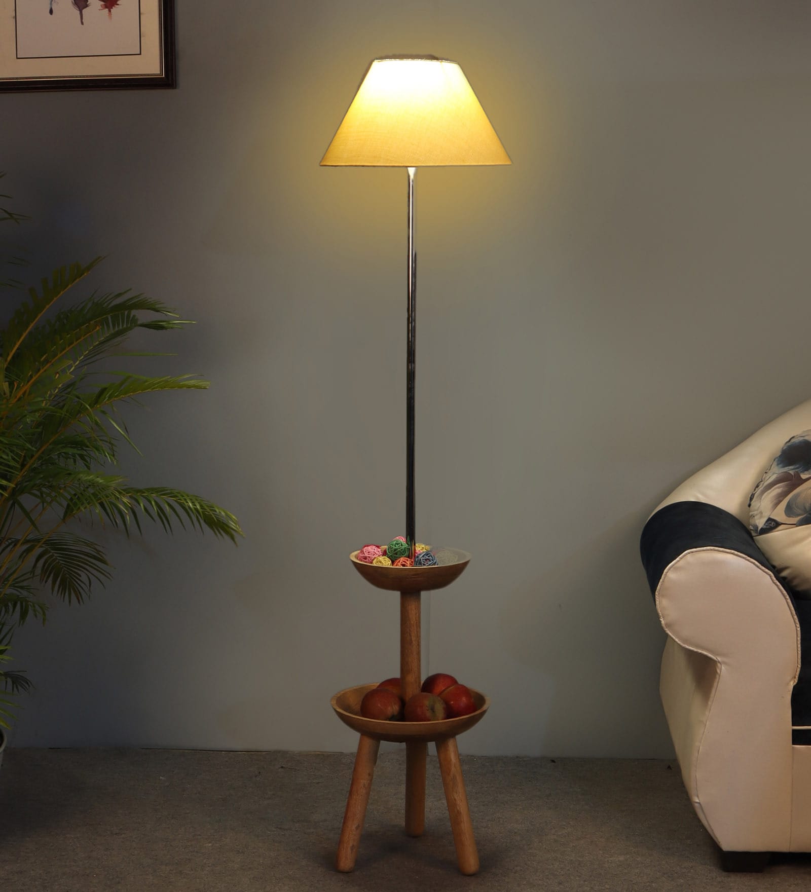 Beige Iron & Cloth Shade Floor Lamp with Natural Base