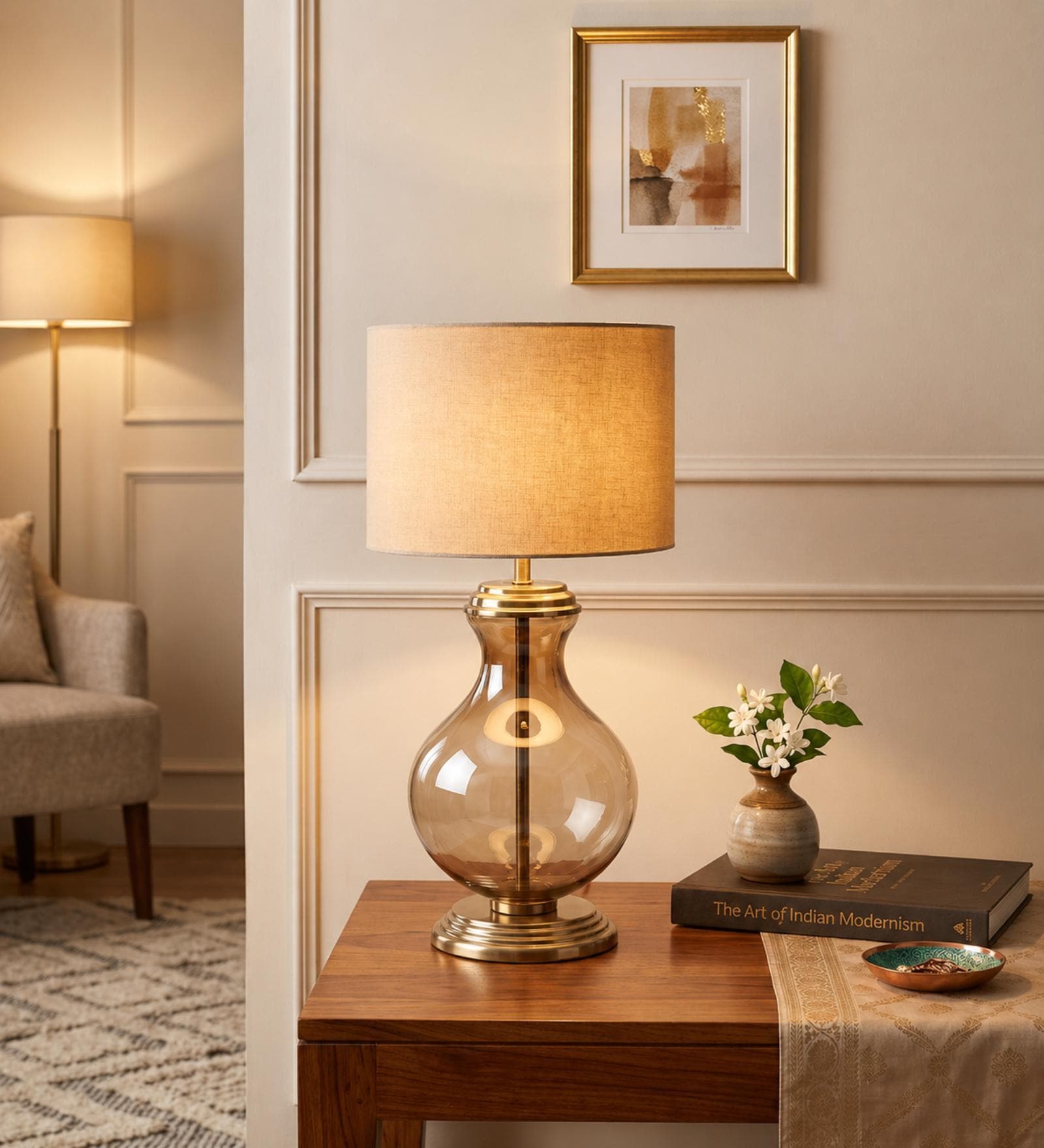 Beige Iron & Cloth Shade Table Lamp With Brown Base