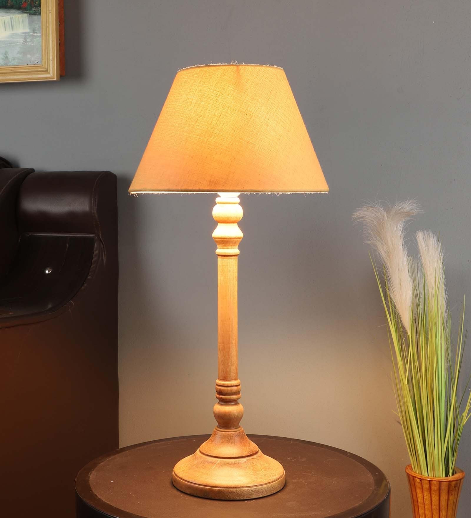 Beige Iron & Cloth Shade Table Lamp With Natural Base