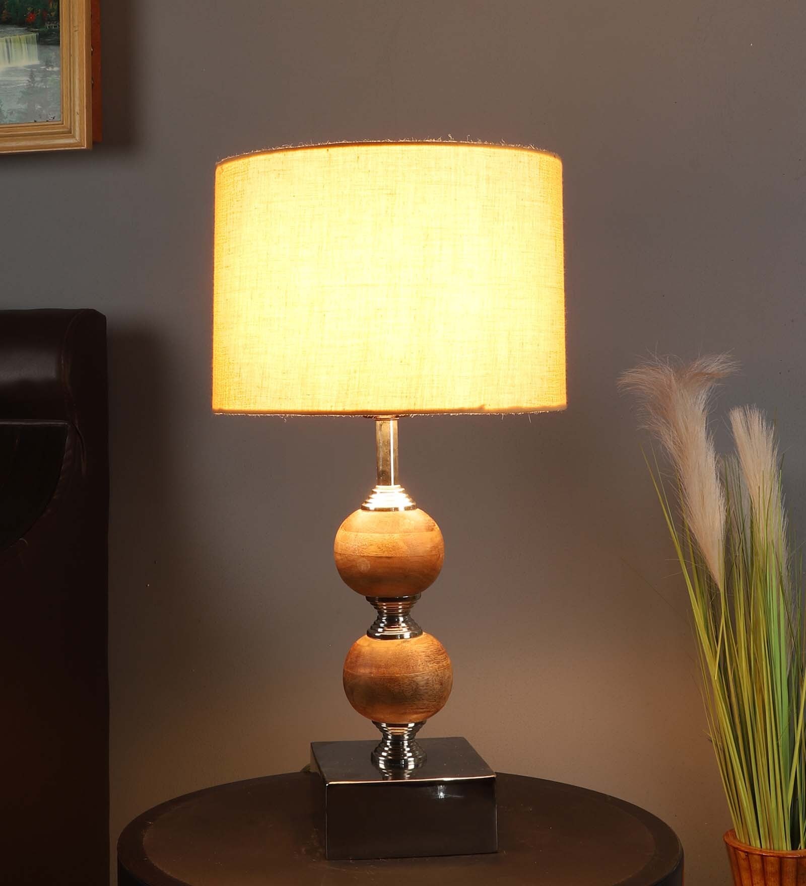 Beige Iron & Cloth Shade Table Lamp With Natural Base