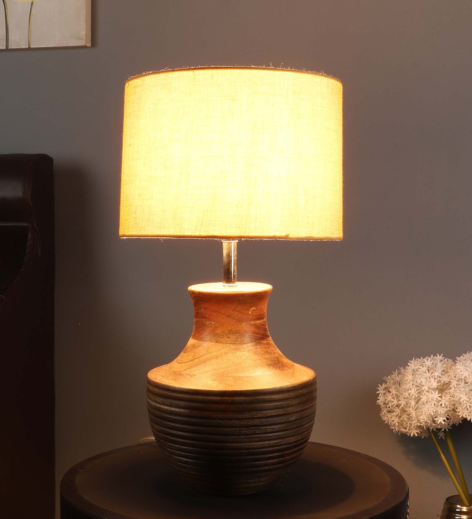 Beige Iron & Cloth Shade Table Lamp With Natural Base