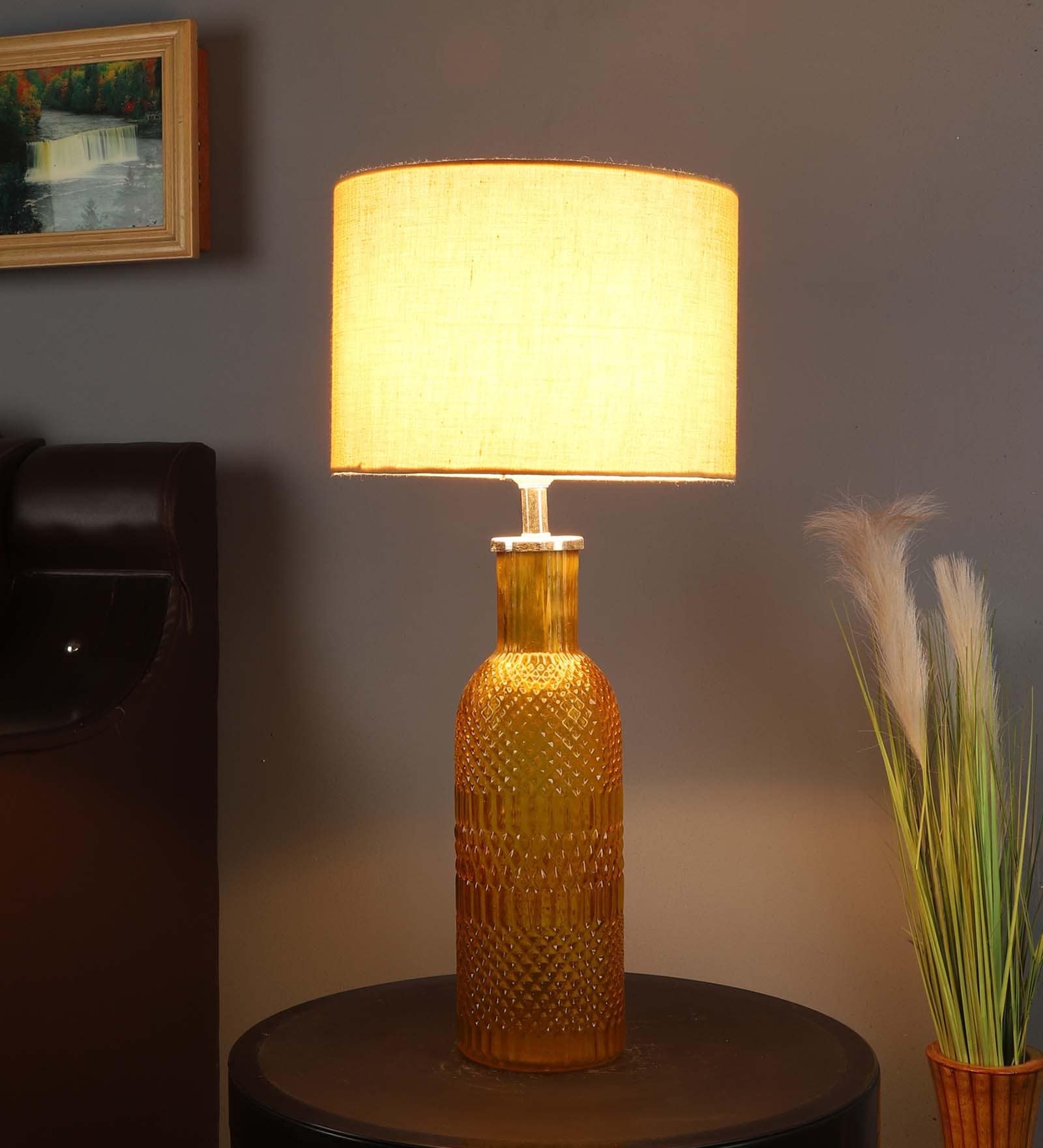 Beige Iron & Cloth Shade Table Lamp with Orange Base