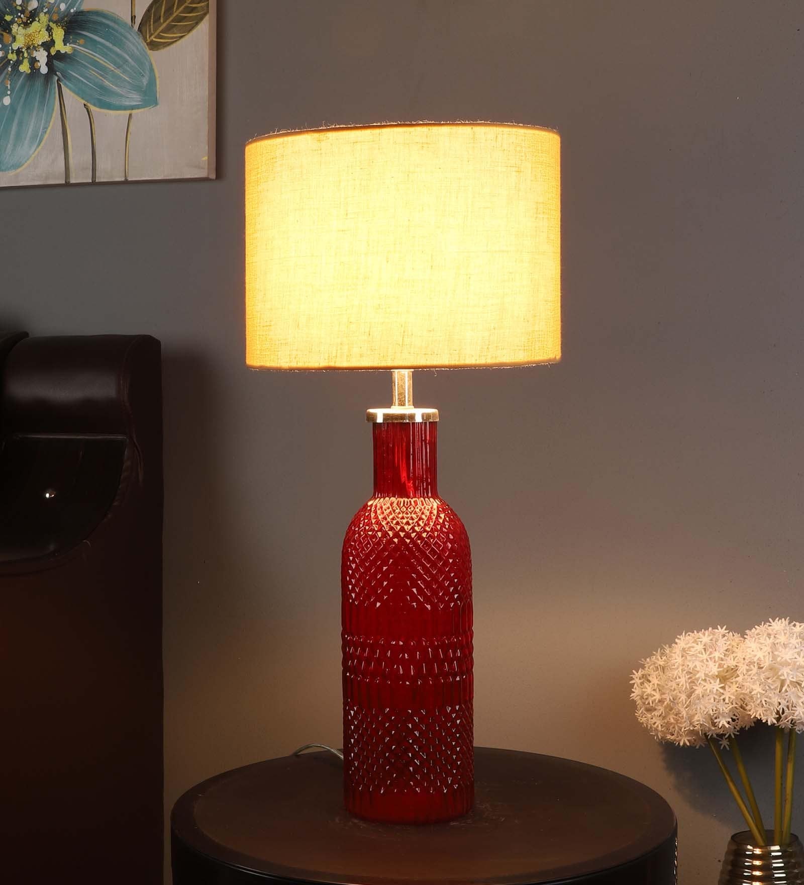 Beige Iron & Cloth Shade Table Lamp With Red Base