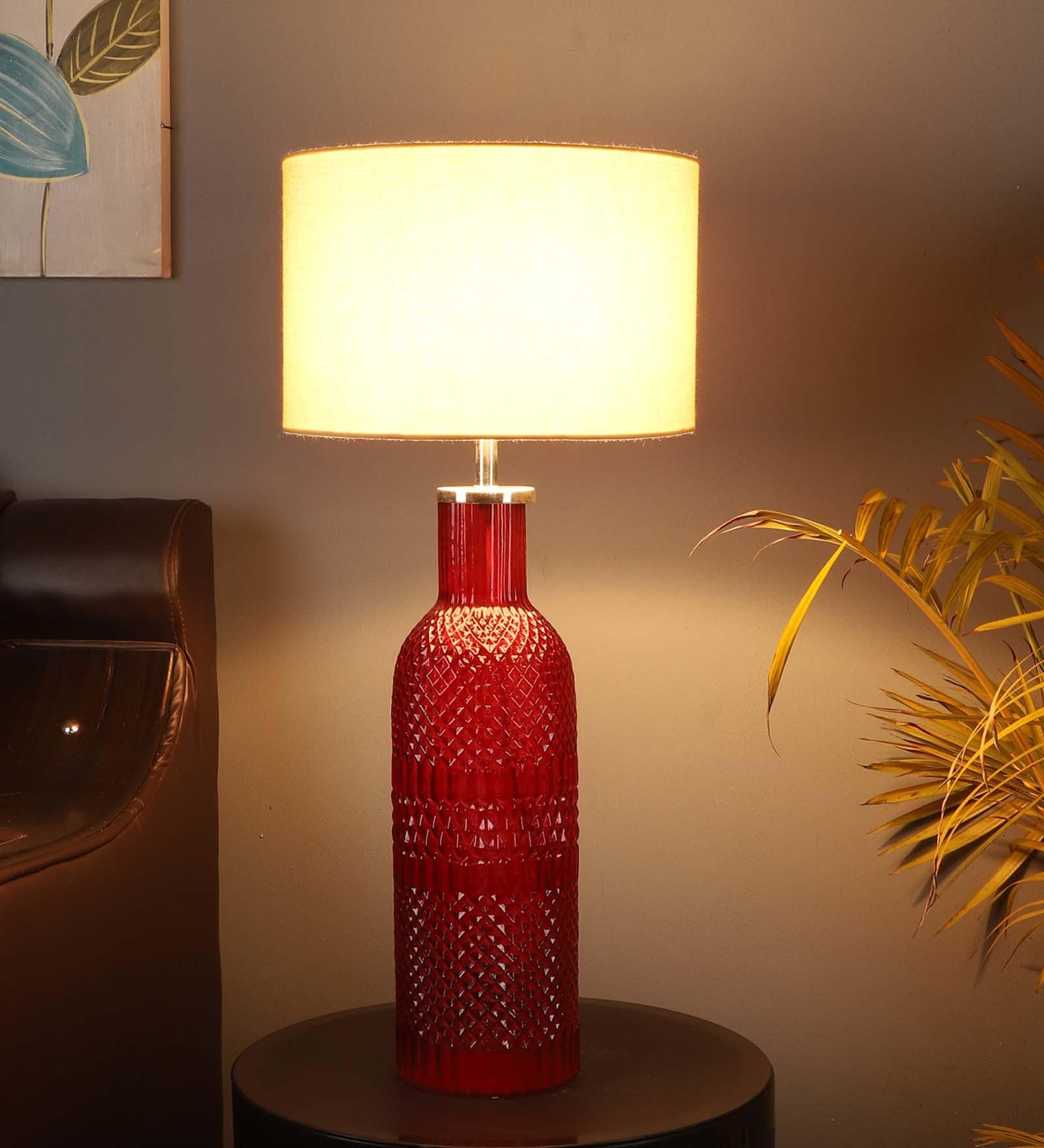 Emphasis Beige Metal and Fabric Shade Night Lamp With Glass Base