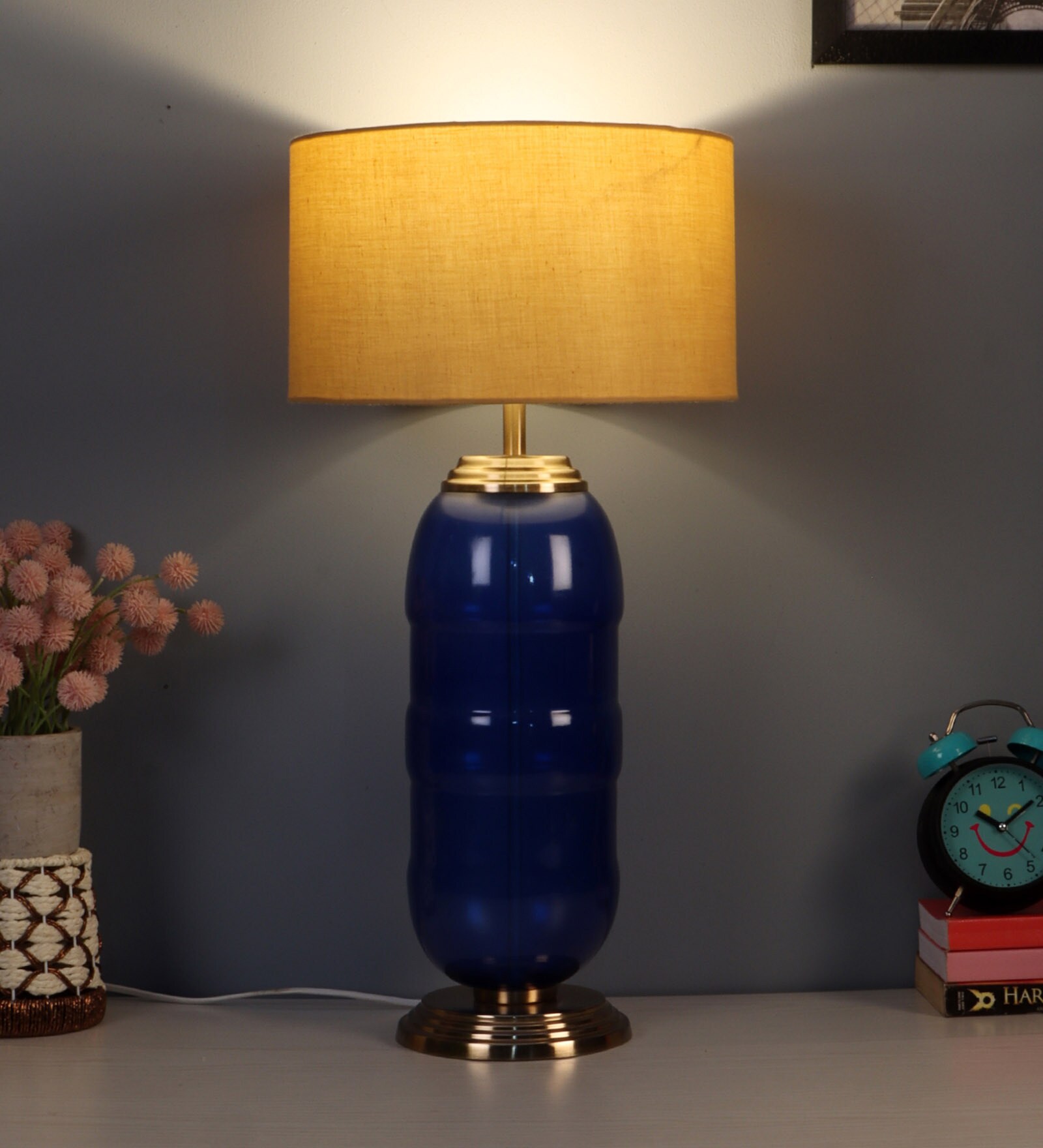 Beige Iron & Cloth Shade Tablel Lamp With Blue Base