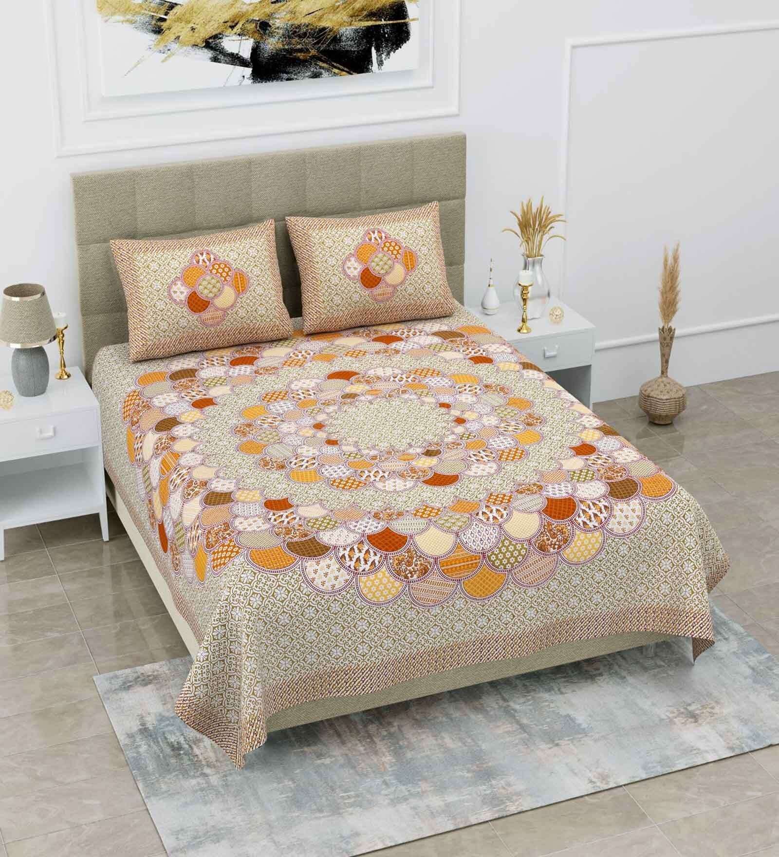 Beige Abstract 120 TC Cotton Queen Sized Bedsheet with 2 Pillow Cover