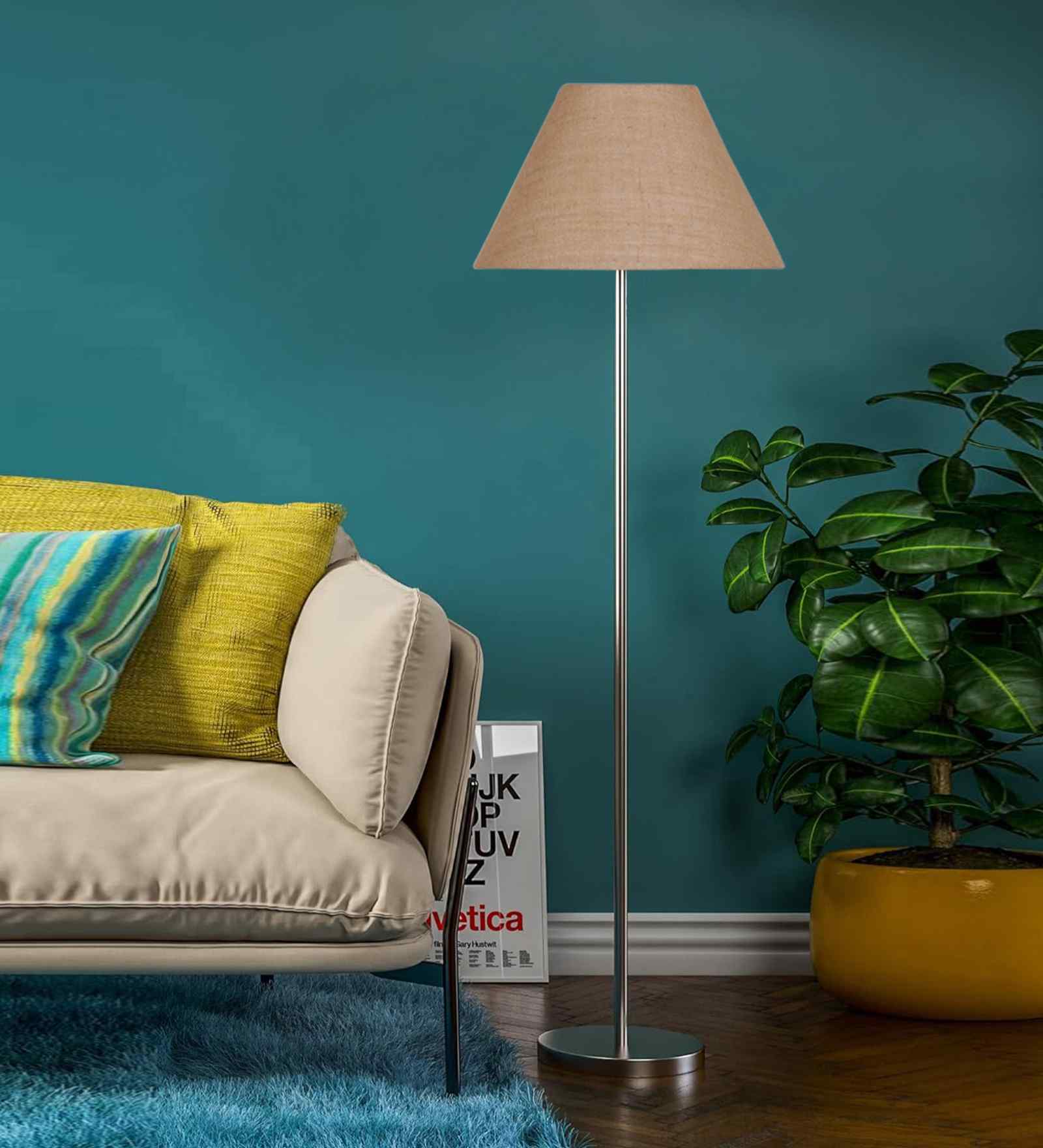 Beige Jute Conical Shade Steel Floor Lamp Steel Base