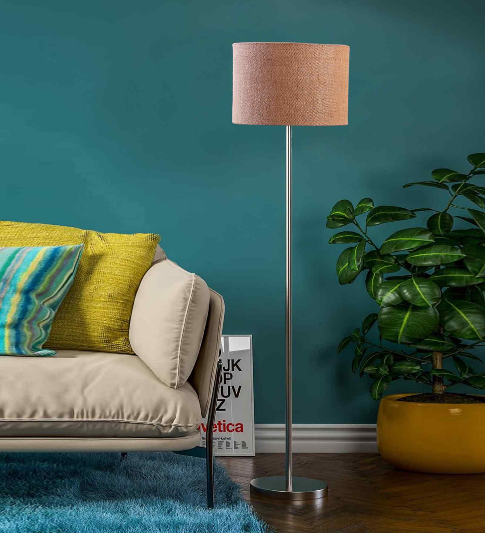 Beige Jute Drum Shade Steel Floor Lamp Steel Base