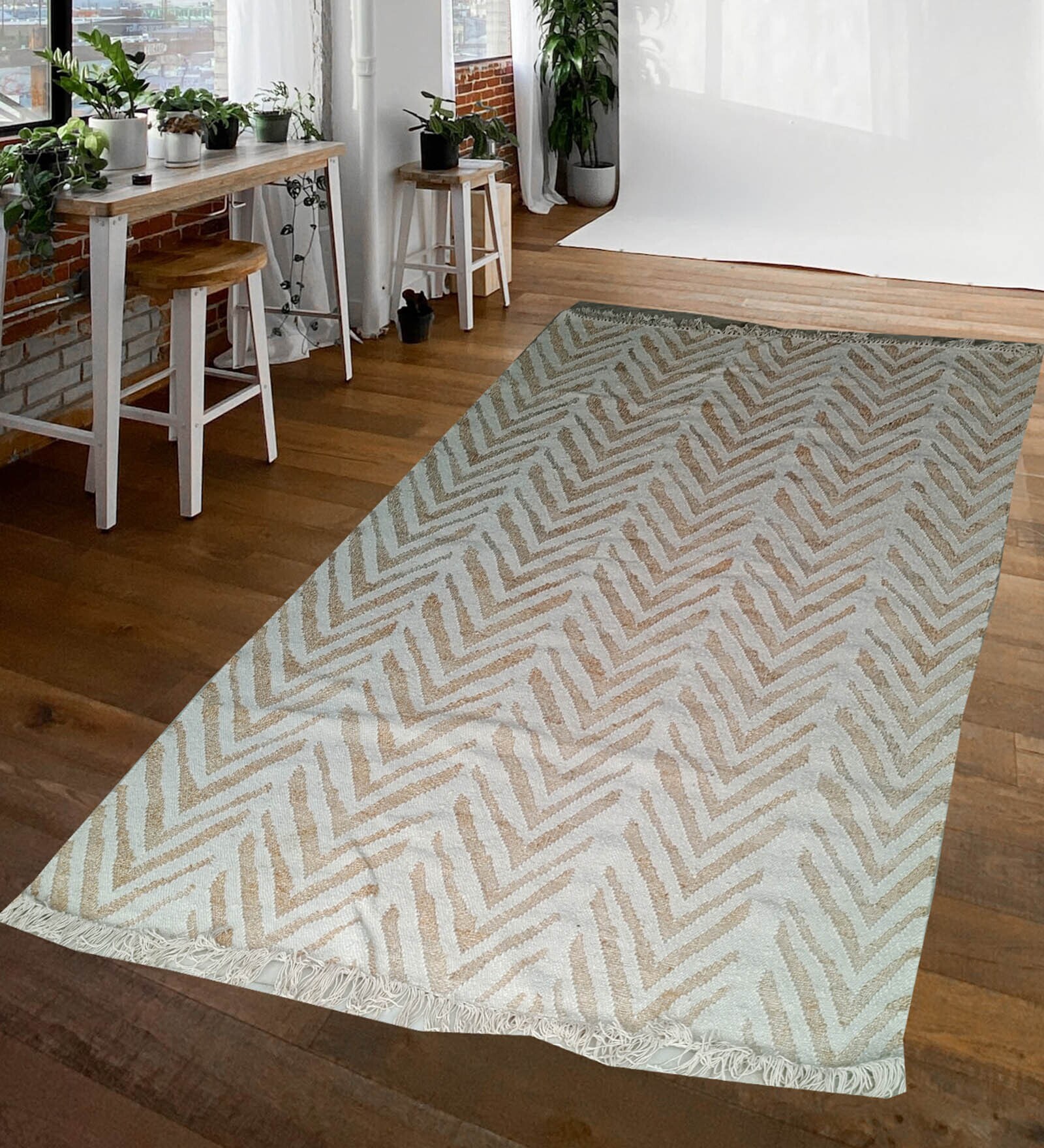 Beige Jute Geometric Handwoven Carpet