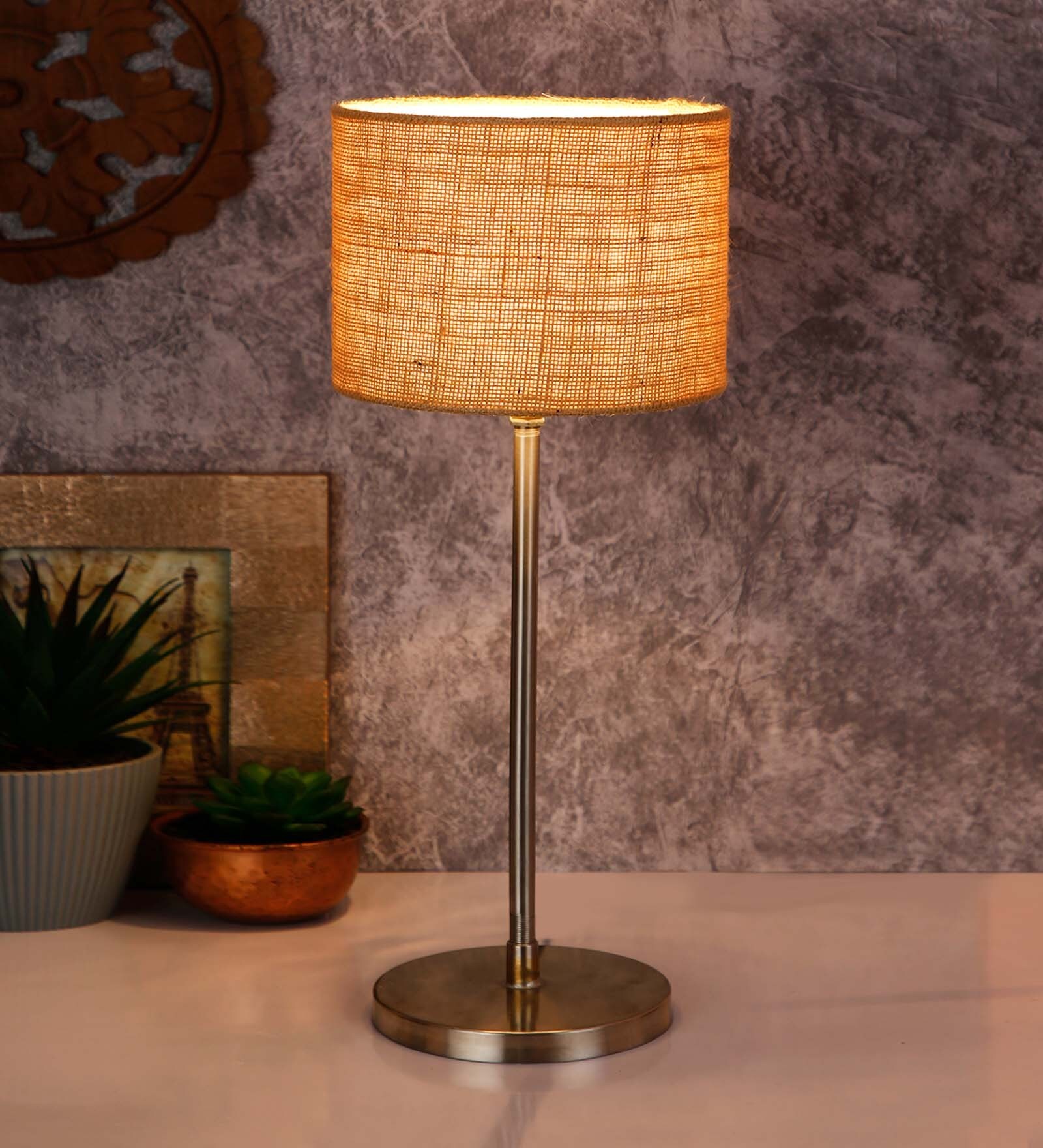 Beige Jute  Shade Traditional Table Lamp With Steel  Base